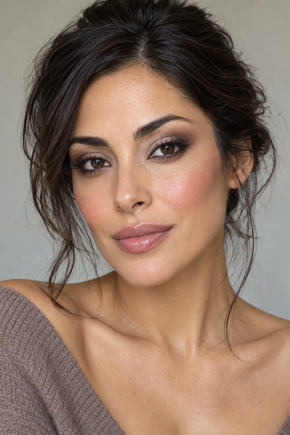 Fictional adult woman with medium olive skin, brown eyes, softly blended taupe and cocoa smokey eye makeup, rose blush, and satin pink-beige lips.