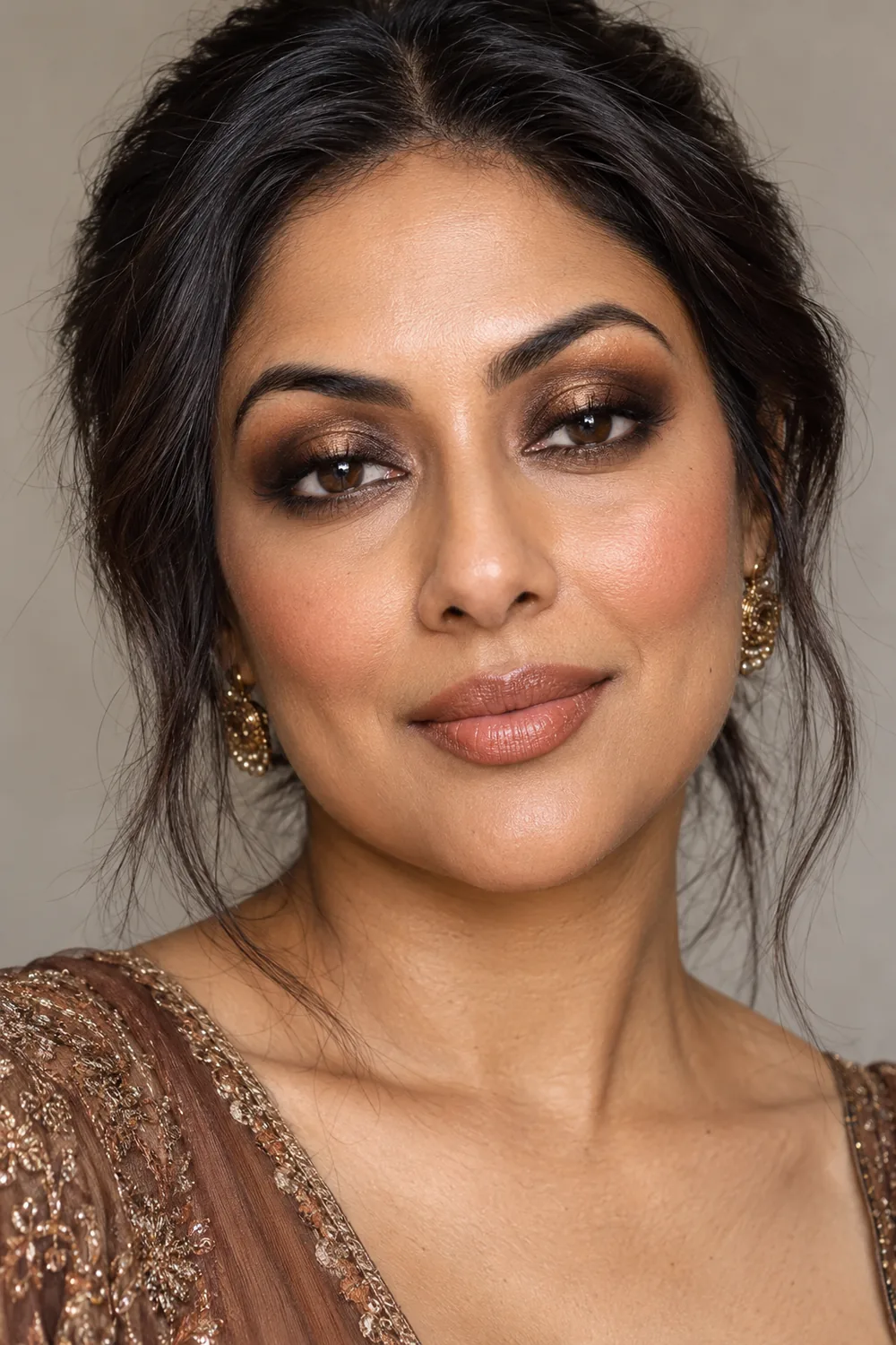 Fictional adult South Asian woman with a bronze center-lid halo framed by dark brown shadow, terracotta blush, and warm nude lips.