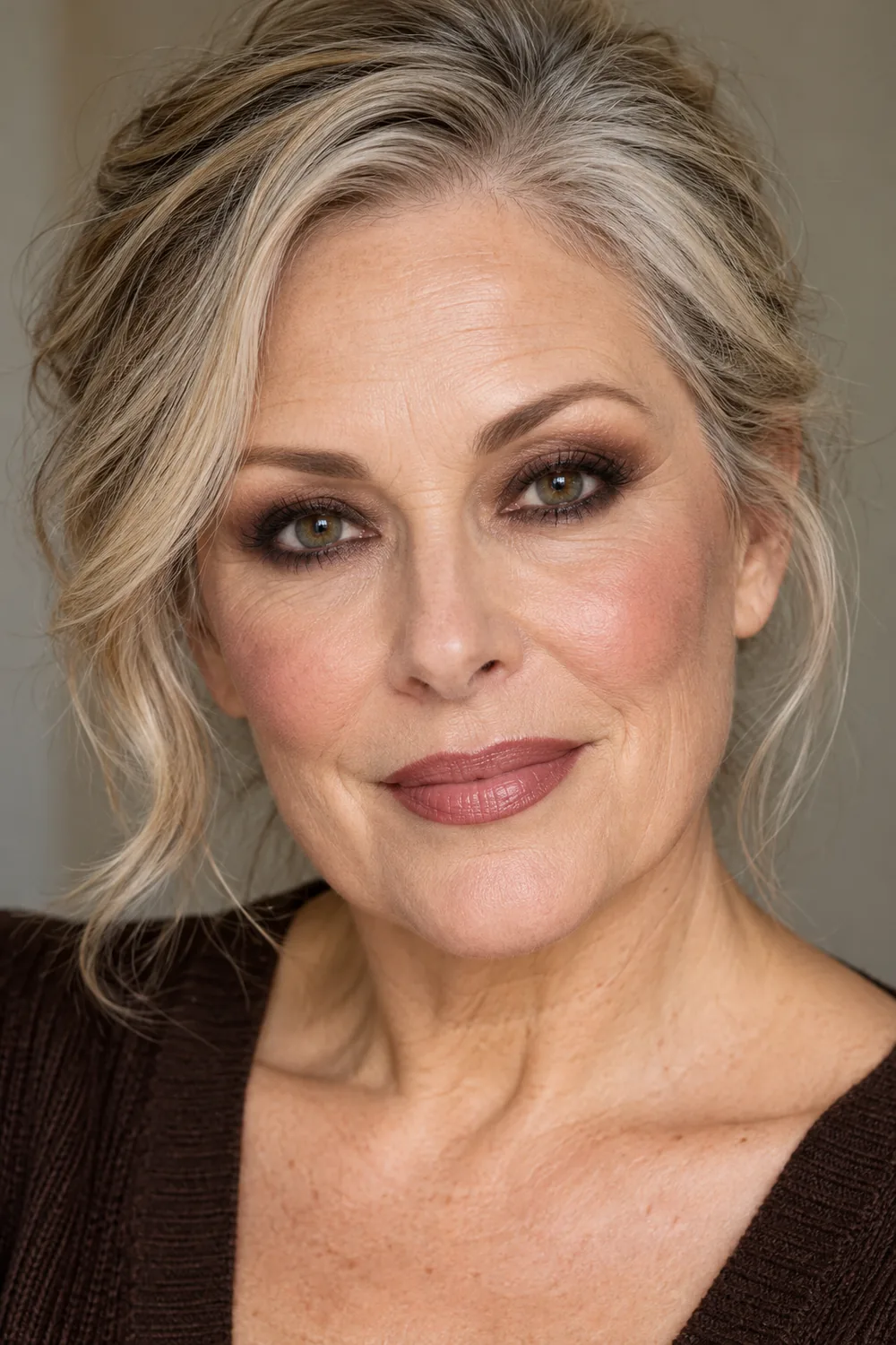 Fictional adult woman with a rounded espresso smokey eye and smoked lower lashes, mauve blush, and rosewood satin lips.