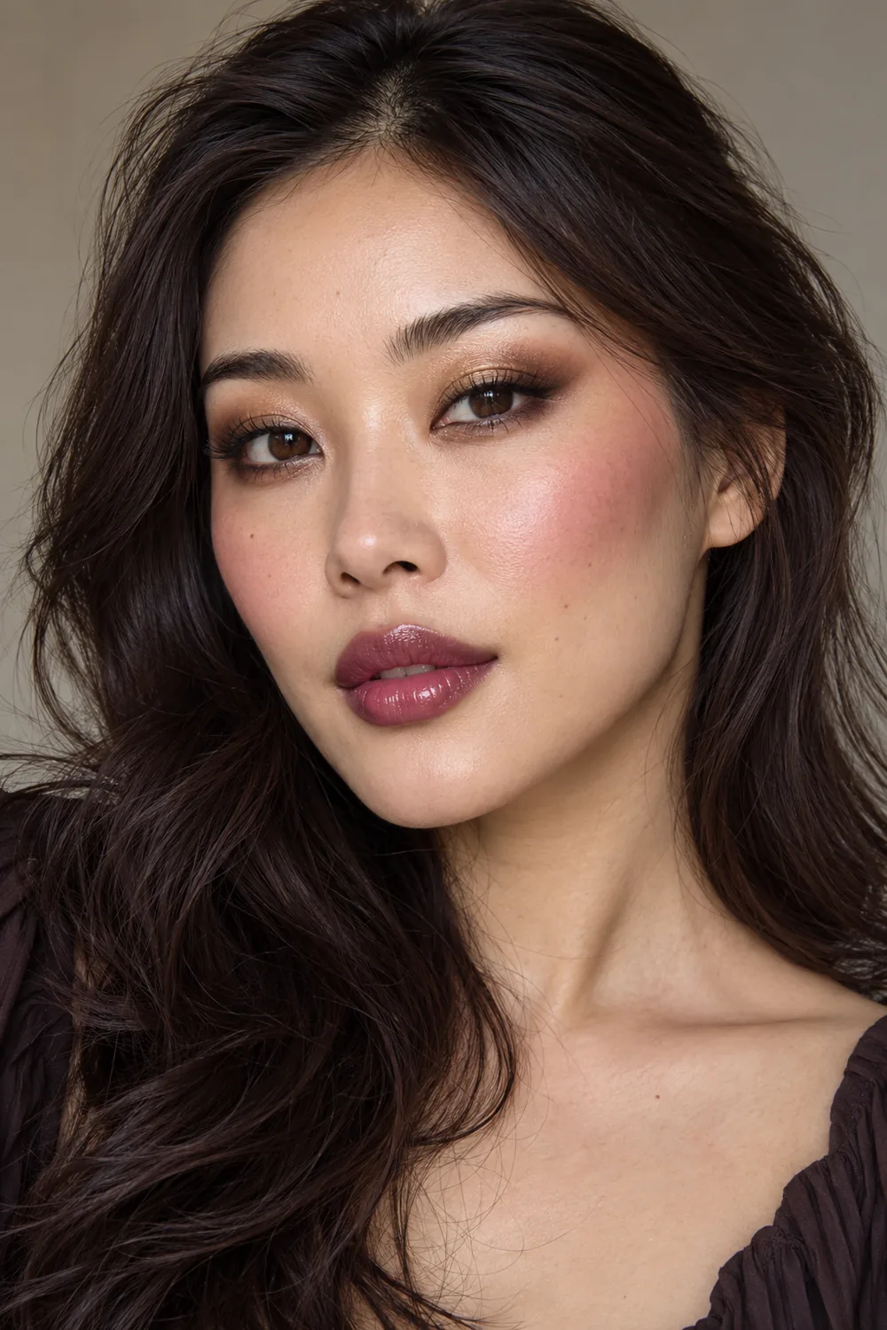 Fictional adult East Asian woman with bronze brown smokey eyes, a diffused wing, high berry blush, and plum balm lips.