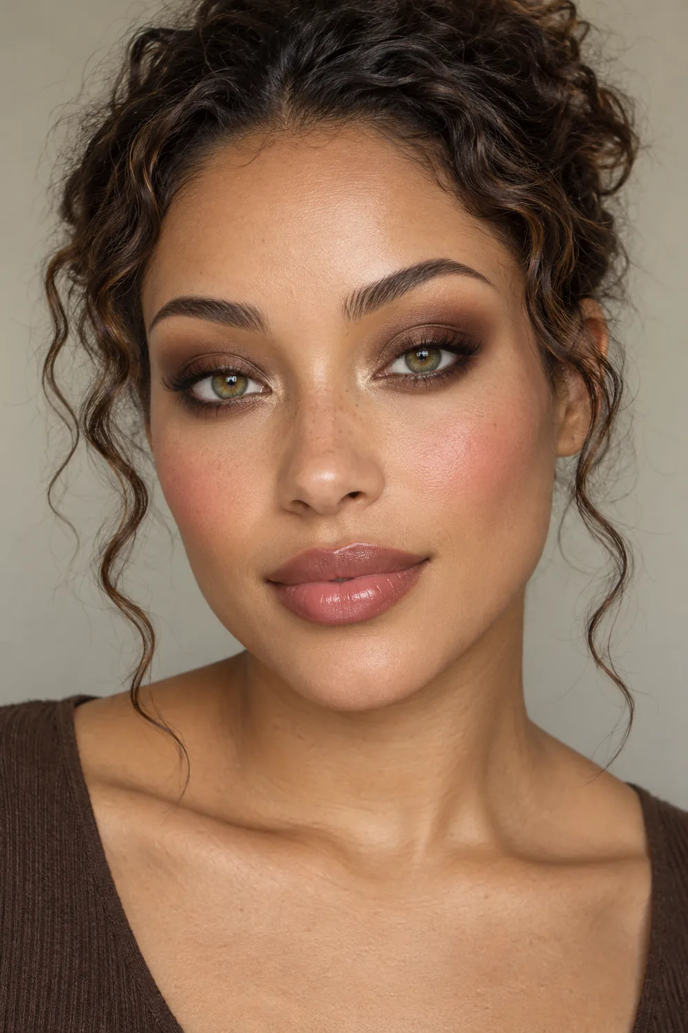 Close beauty portrait of an adult woman with cocoa brown smokey eyes, small champagne inner-corner highlights, warm pink blush, and glossy rose lips.