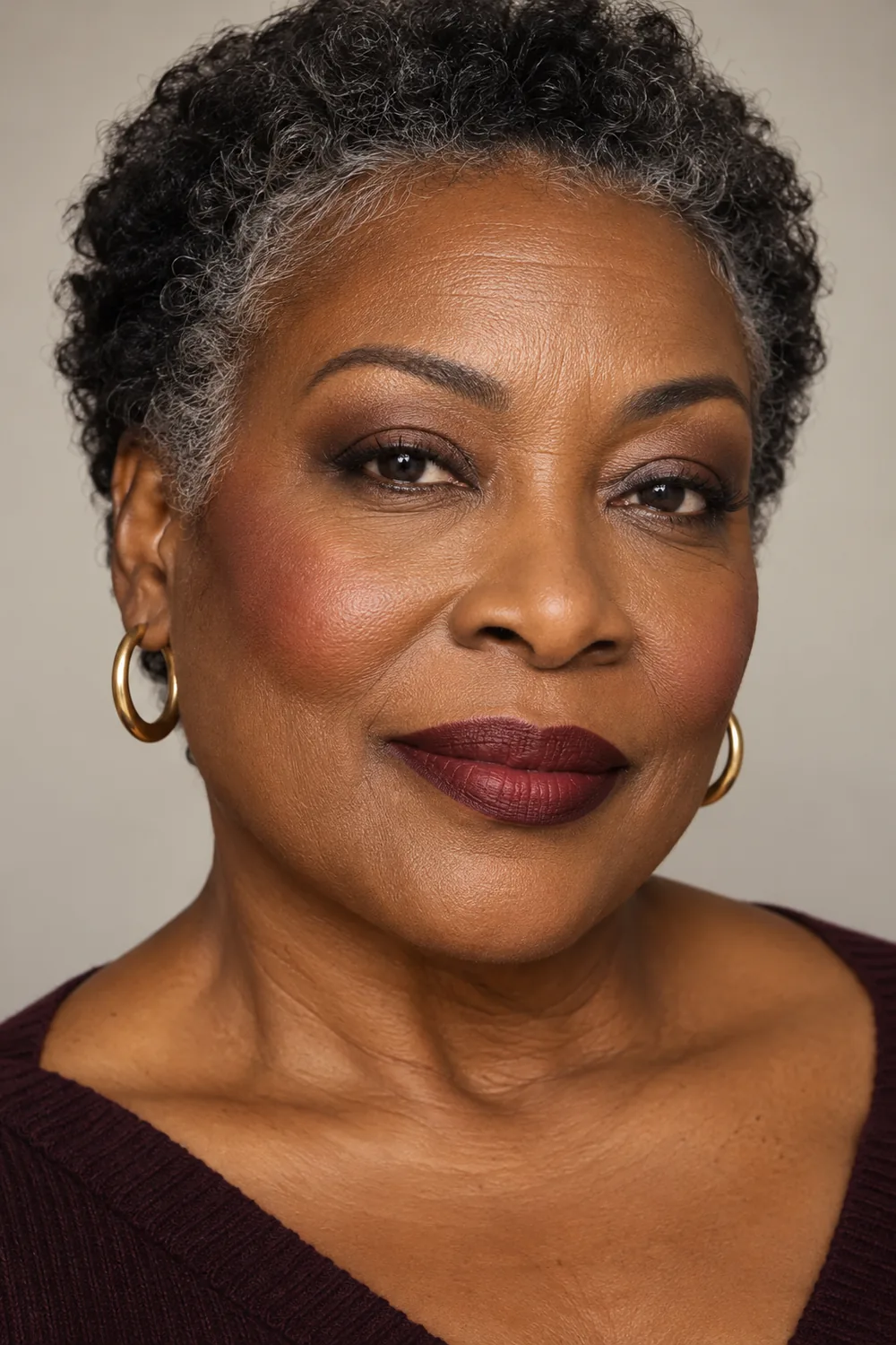 Close portrait of a fictional mature Black woman with espresso brown smokey eye makeup, soft straight liner, rose blush, and a deep berry lip.