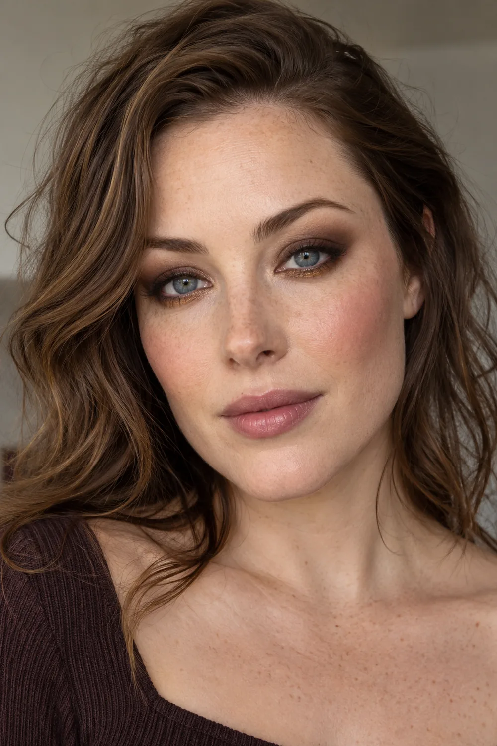Close beauty portrait of an adult woman with blue eyes, matte chocolate smokey shadow and bronze lower-lash liner, soft plum blush, and muted mauve satin lips.