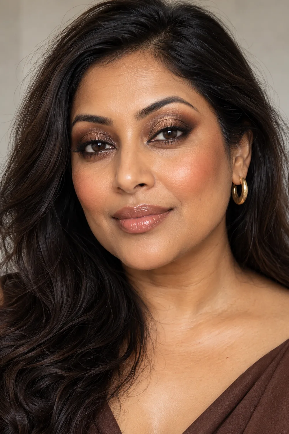 Adult South Asian woman with medium-deep golden-brown skin wearing rounded bronze-foil brown smokey eyes, fine upper-lash liner, terracotta blush, and nude gloss.