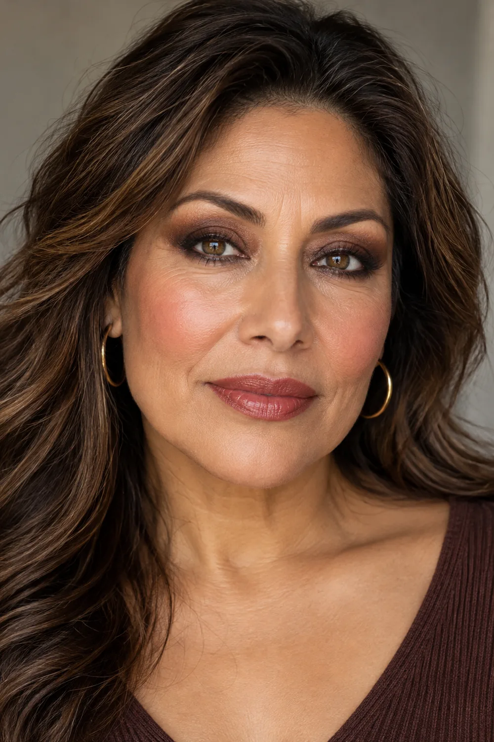 Beauty-editorial portrait of an adult woman with chocolate brown smokey eyes, softly lifted sienna crease, rounded brown lash liner, rose-beige blush, and muted red-brown satin lips.