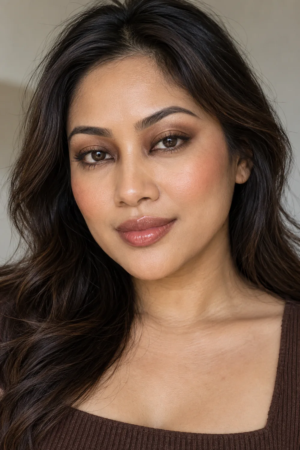 Fictional adult woman with dark brown eyes, warm bronze-brown smokey shadow, softly defined lashes, peach blush, and glossy rosewood lips.