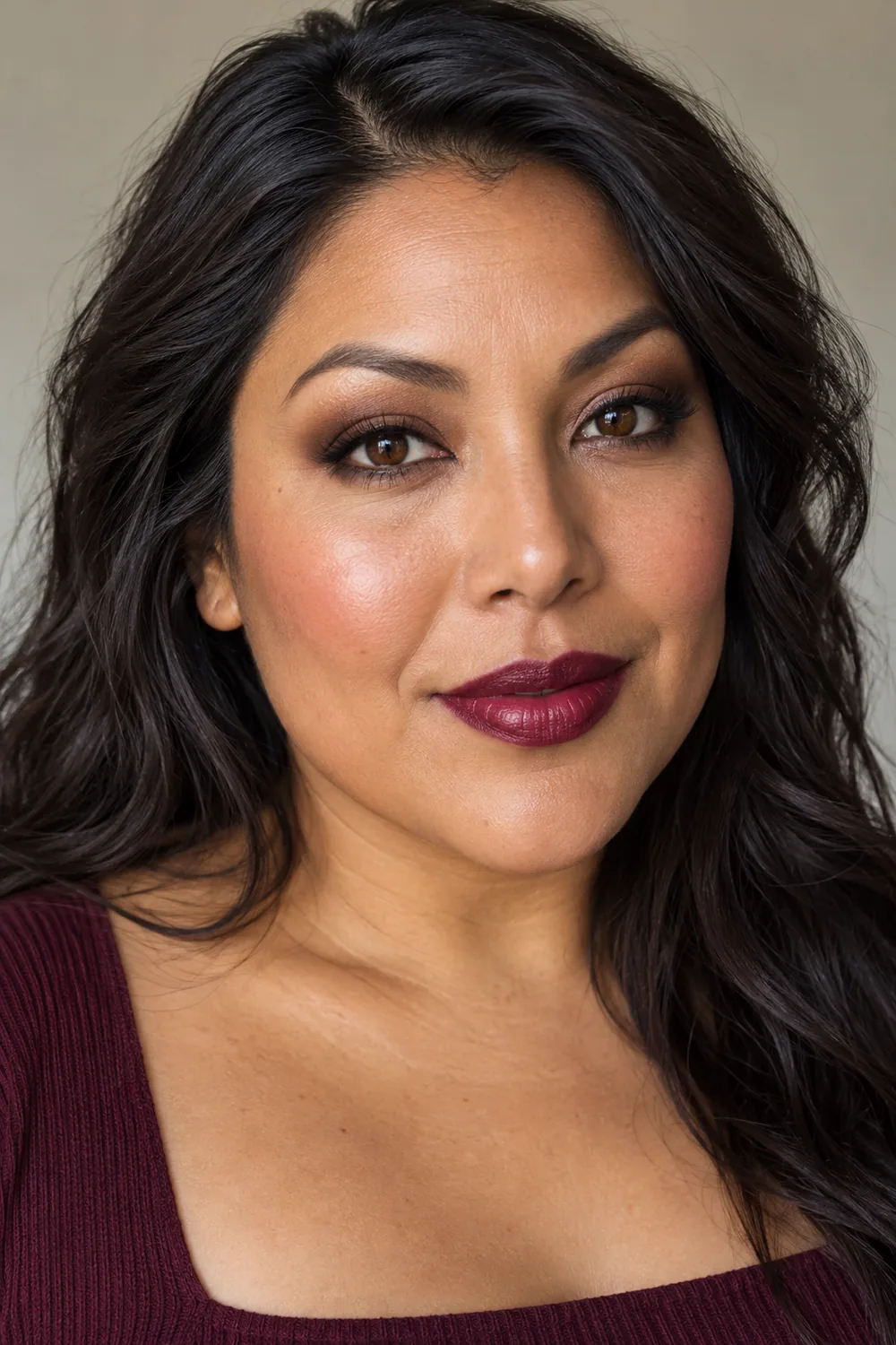 Adult woman with medium copper-brown skin, a softly blended cocoa-to-espresso smokey eye, subtle brown liner, rose blush, and rich wine satin lipstick.
