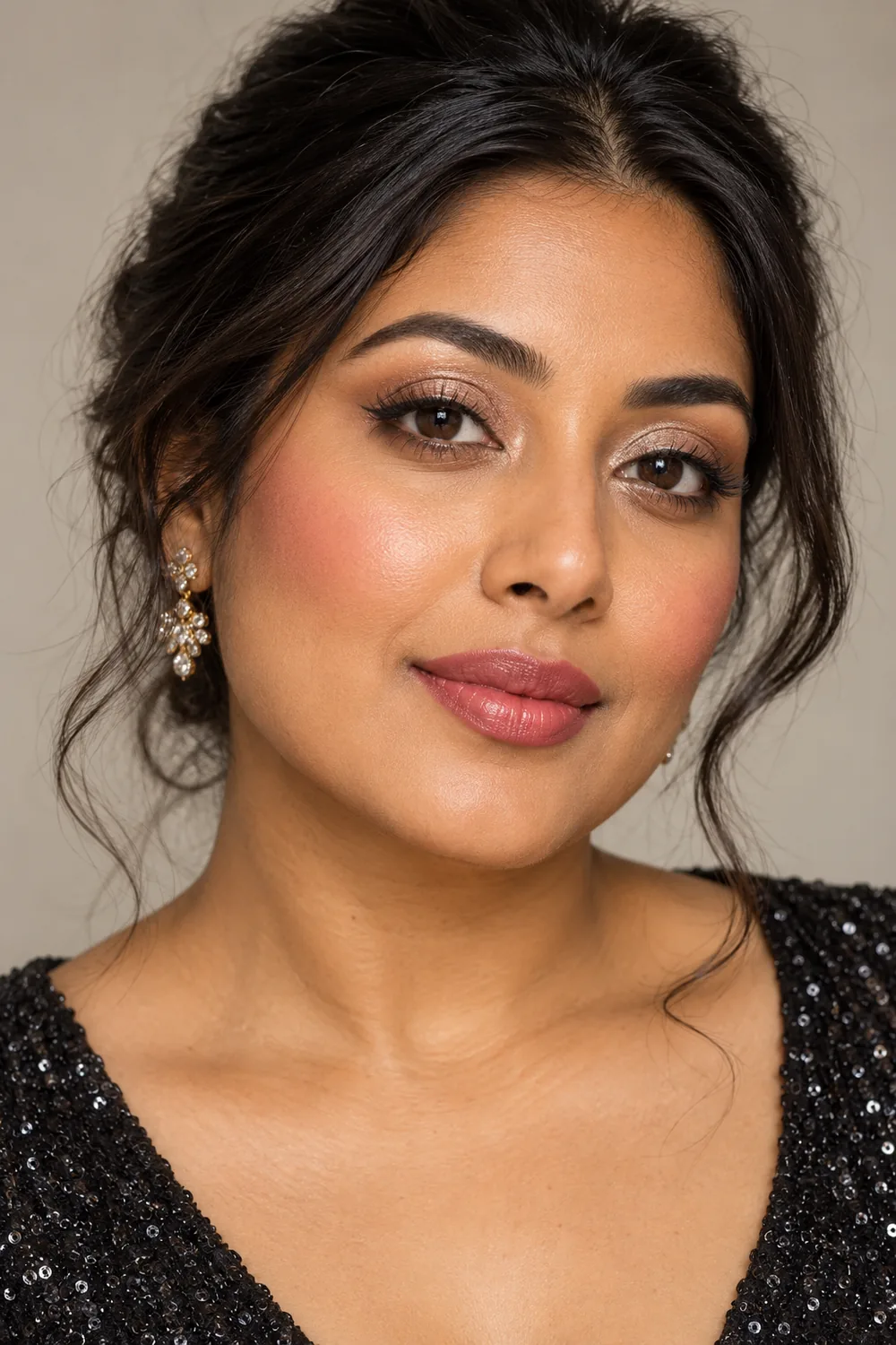 Photorealistic portrait of an adult South Asian woman wearing champagne shimmer eyeshadow, brown winged liner, high rose blush and satin rose lipstick.