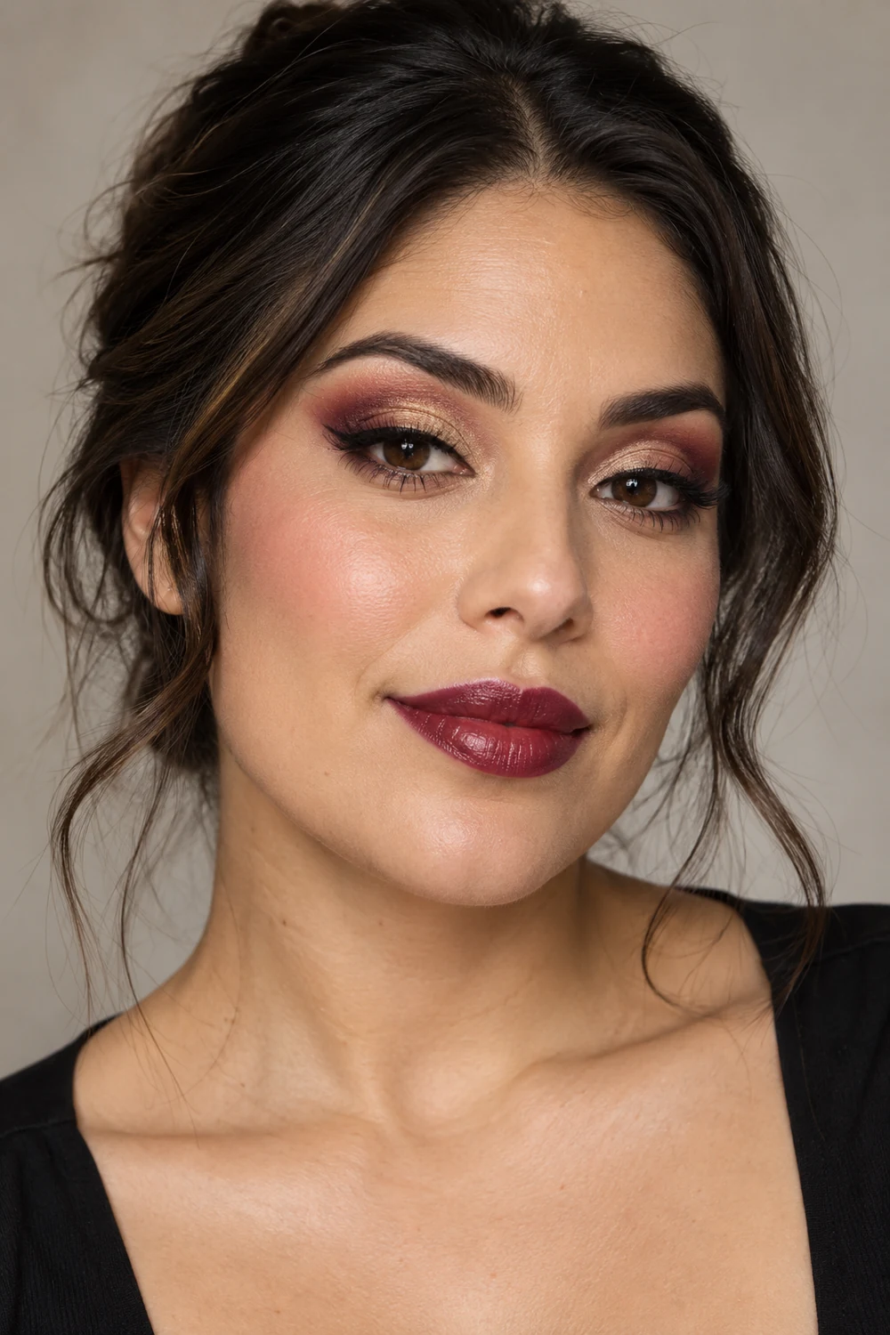 Fictional adult woman with cranberry cut-crease shadow, pale gold center lids, short kitten liner, cool pink blush and deep cranberry satin lipstick.