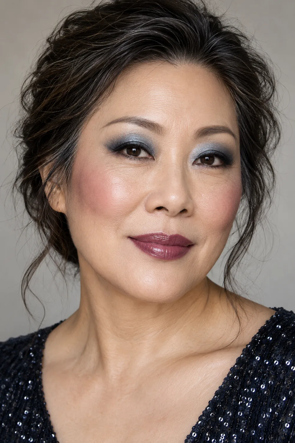 Fictional mature East Asian woman wearing icy blue eyeshadow, charcoal upper lash liner, plum blush and glossy plum lipstick.