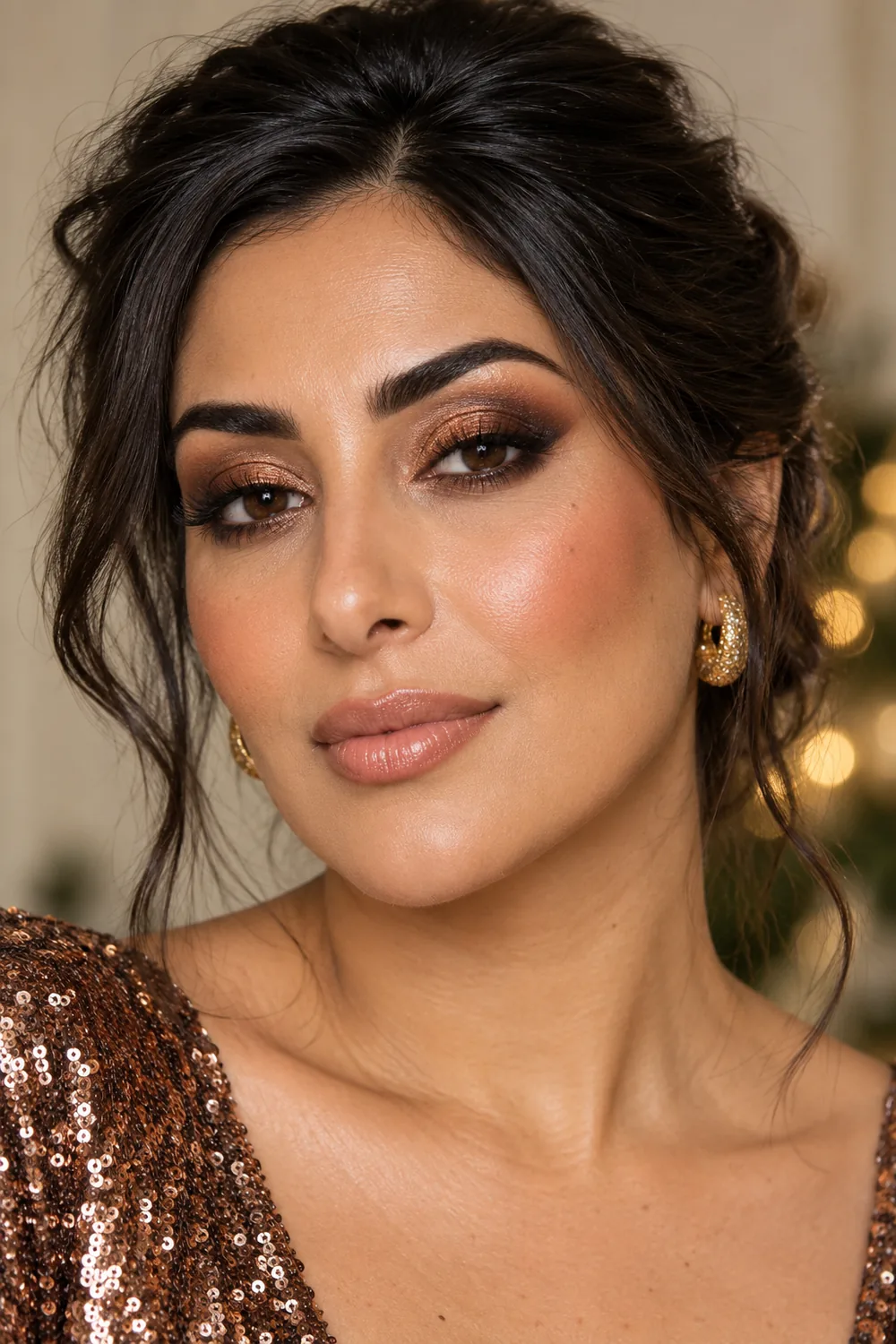 Close portrait of an adult woman wearing copper and bronze halo eye makeup, softly blended brown liner, terracotta blush and muted peach lipstick.