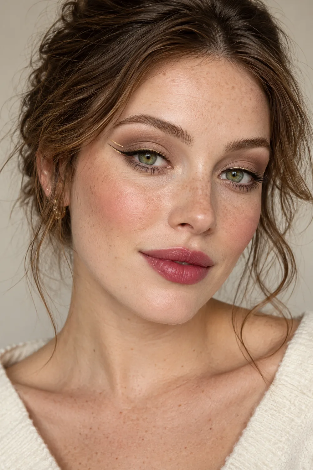 Close beauty portrait of a fictional adult woman with freckles and green eyes, wearing taupe eyeshadow, fine gold liner with a floating outer stroke, soft blush, and berry lips.
