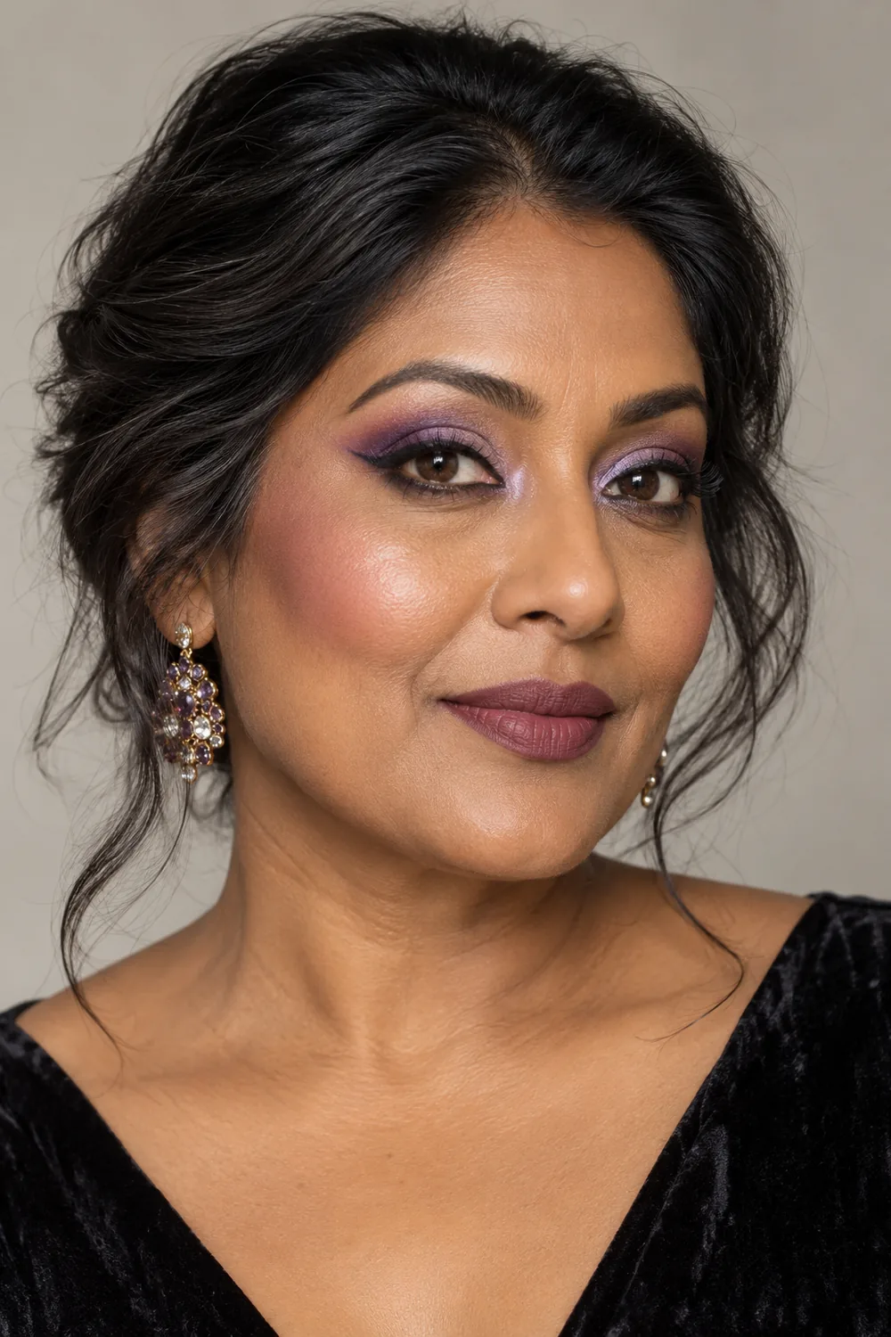 A fictional adult South Asian woman with lifted violet shadow, a fine black wing, lavender inner-corner highlight, mauve blush, and muted plum lipstick.