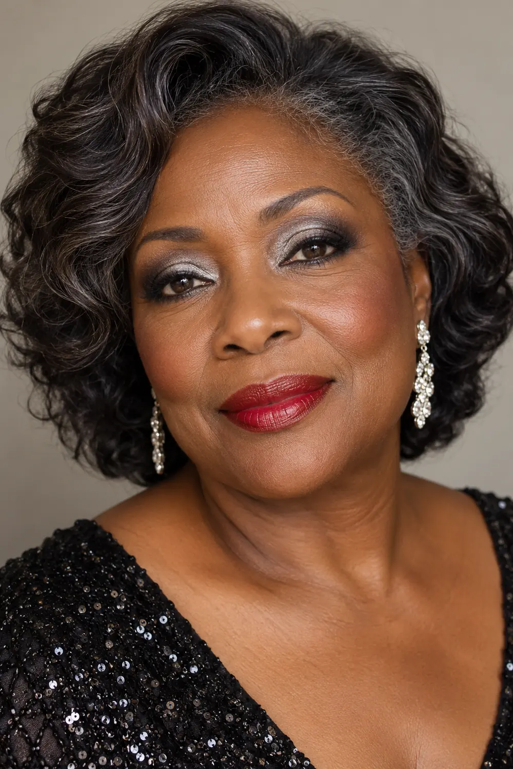 Fictional mature Black woman wearing silver center-lid shimmer, charcoal smoky outer corners, smudged black liner, soft warm-brown blush, and red satin lipstick.