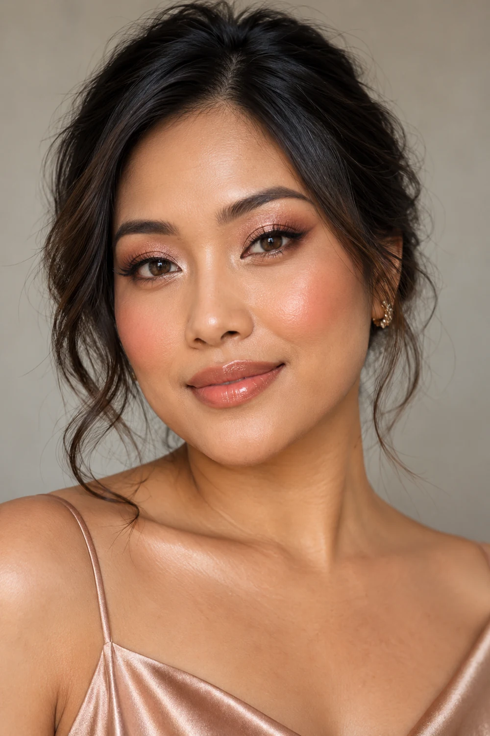 A fictional adult Southeast Asian woman with rose gold shimmer lids, soft brown liner with tiny downward flicks, peach-rose blush, and sheer peach gloss.
