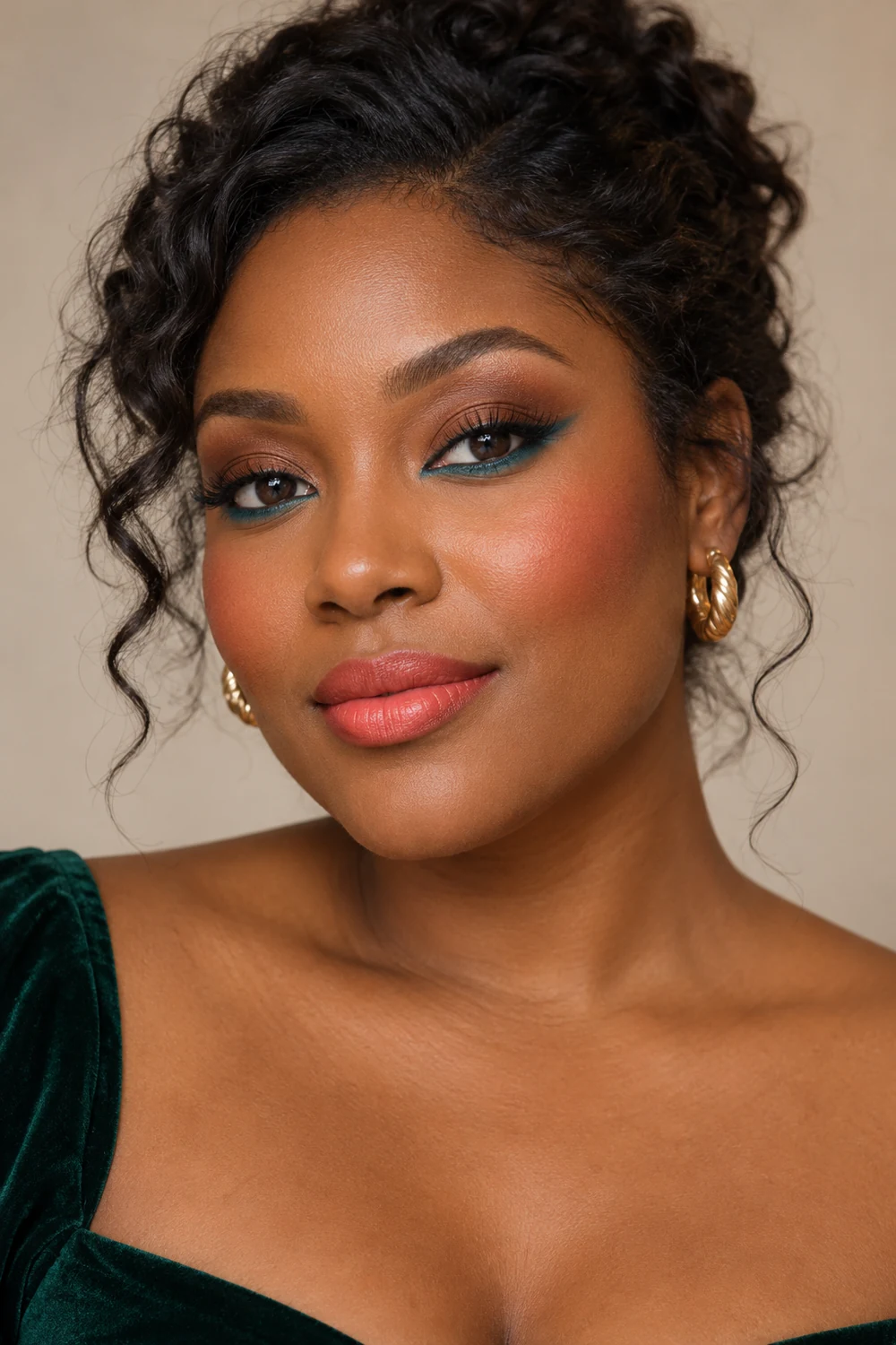Fictional adult Black woman with warm-brown eye shadow, vivid teal lower liner, coral blush, and satin coral lipstick.