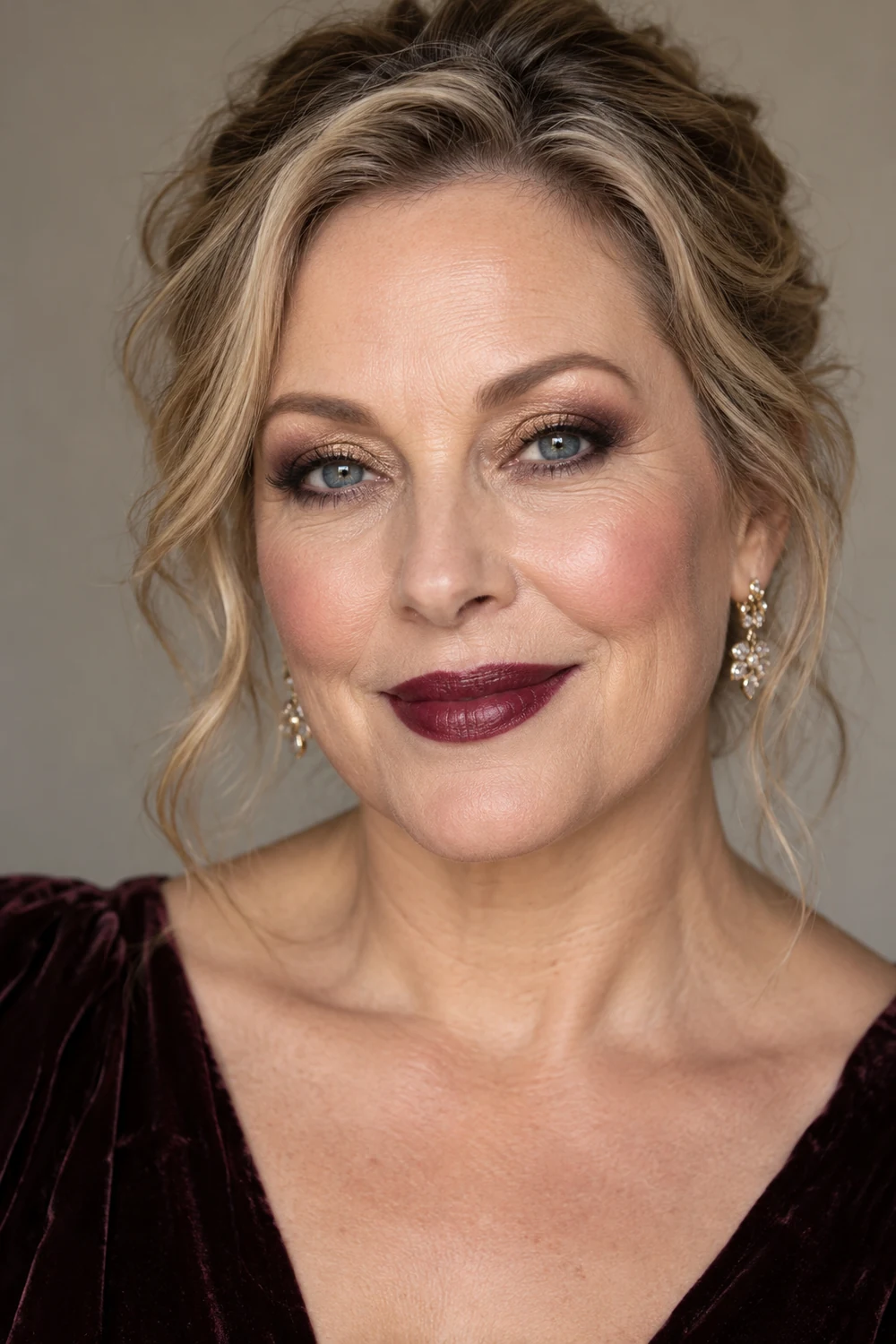 Fictional adult woman with blue eyes, antique-gold lids, plum-brown outer crease, rounded brown liner, mauve blush and deep wine satin lipstick.