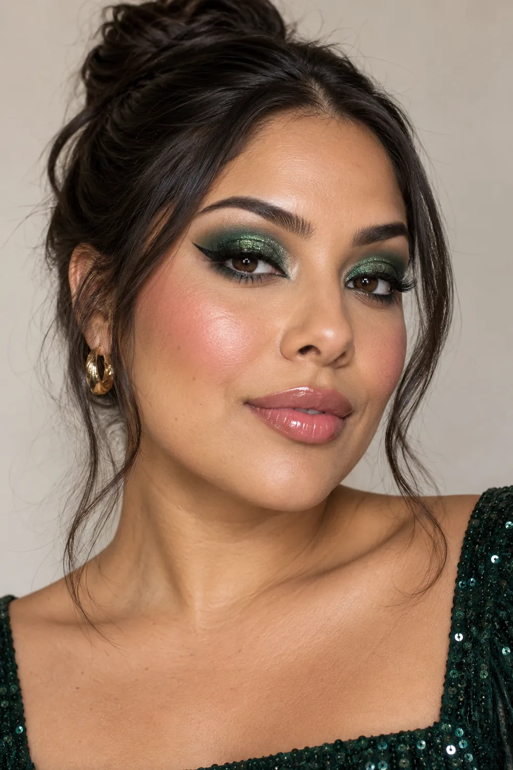 Close-up portrait of an adult woman wearing forest-green glitter cut-crease eyeshadow, pointed black liner, high pink blush and glossy rose lips.