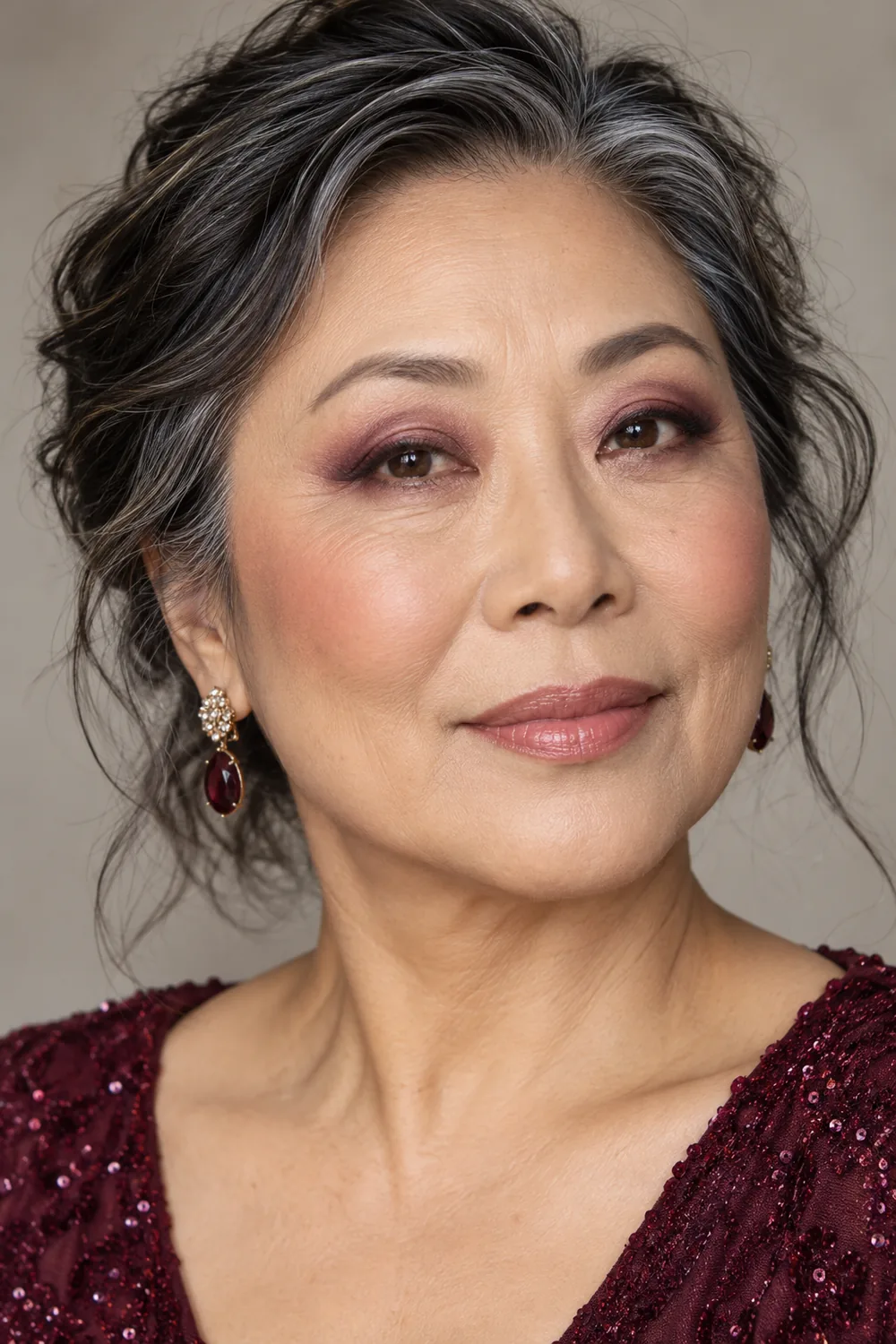 Close portrait of a mature East Asian woman wearing rounded plum eye shadow, mauve lid highlights, peach blush and nude-pink balm.