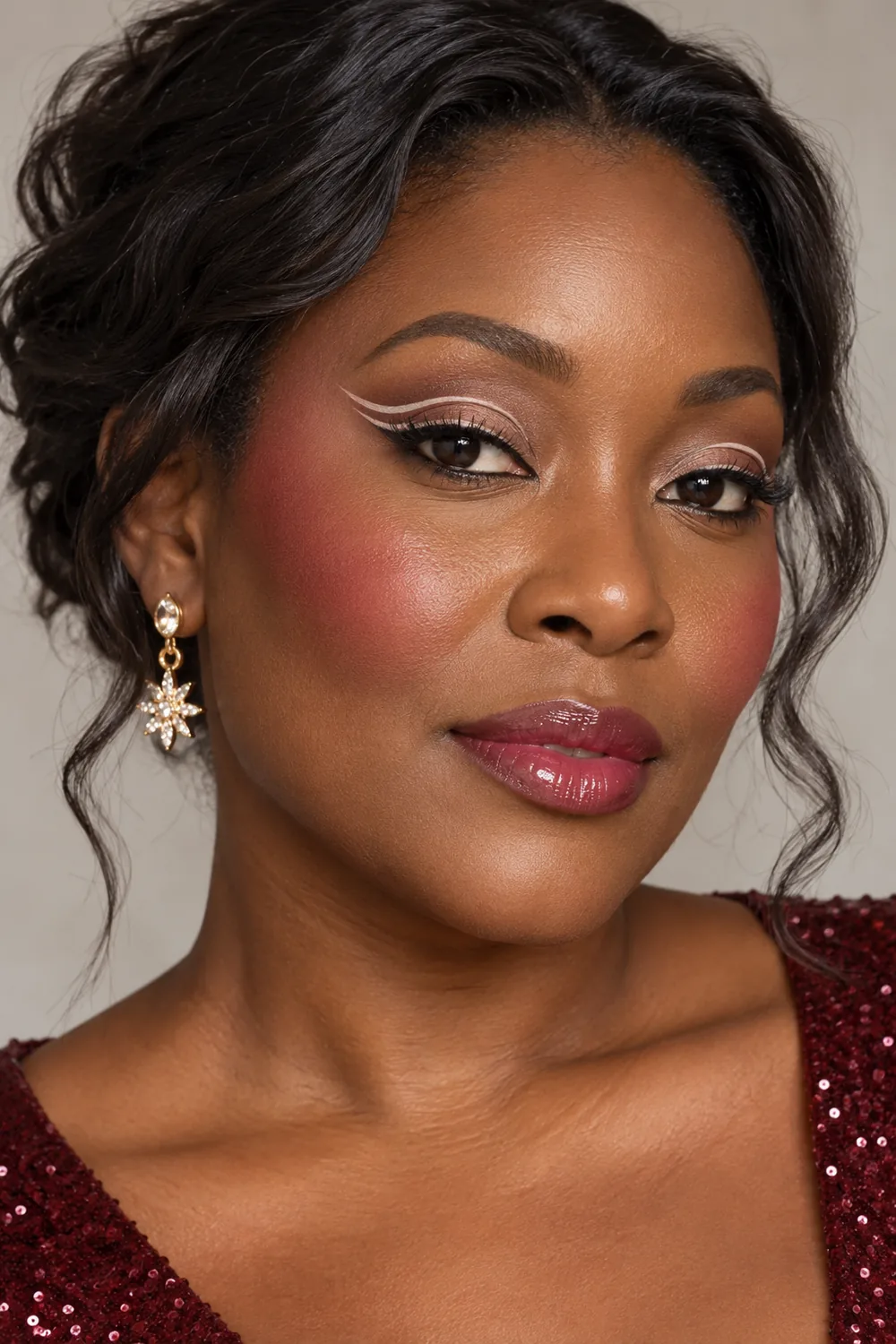 Photorealistic close portrait of an adult Black woman wearing ivory double-wing graphic eyeliner over taupe shadow, berry blush swept toward her temples, and glossy sheer raspberry lipstick.