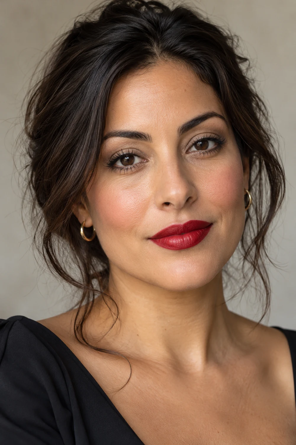 Adult woman with a satin blue-red lip, soft taupe eyeshadow, brown upper lash liner, and muted rose blush high on her cheeks.