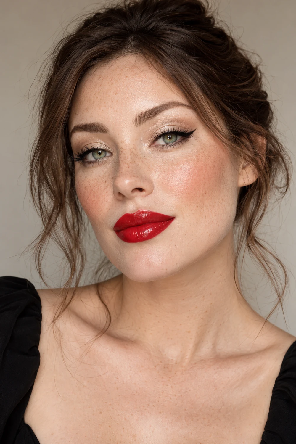 Fictional adult woman with fair freckled skin and green eyes wearing glossy red lipstick, champagne shimmer eyeshadow, a crisp black wing, and peach blush.