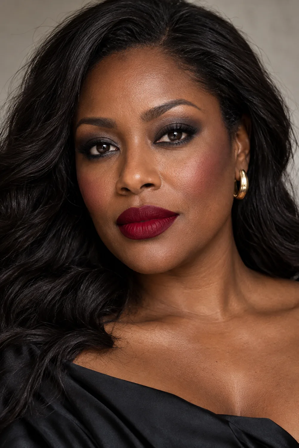 Adult woman with deep crimson matte lips, charcoal smoky eyes, rounded smudged liner, and diagonal plum blush.