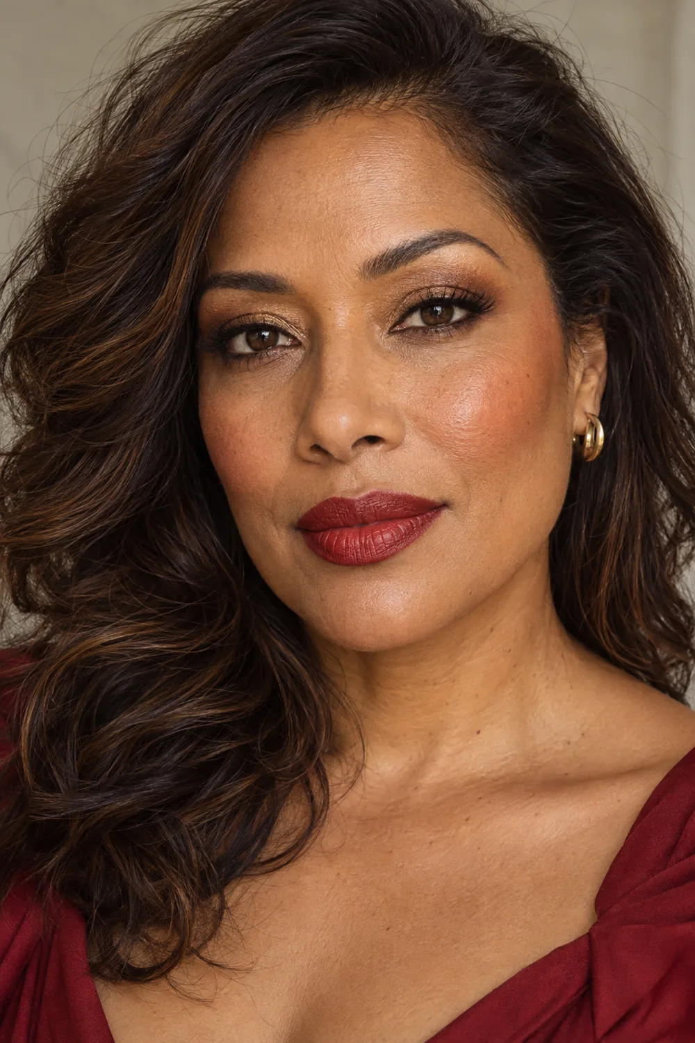 Adult woman with brick-red satin lipstick, bronze halo eyes, softly defined brown liner, and terracotta cheek color.