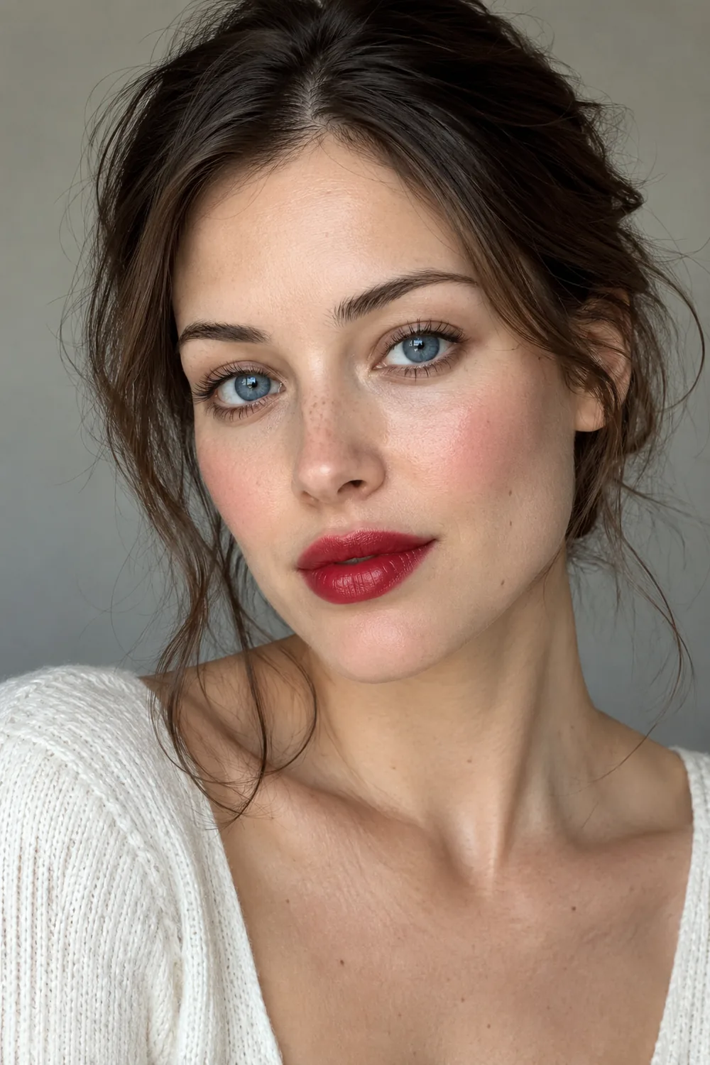 Adult woman with blue eyes, softly diffused cherry-red lipstick, nearly bare lids, fine lower brown liner, and cool pink blush.