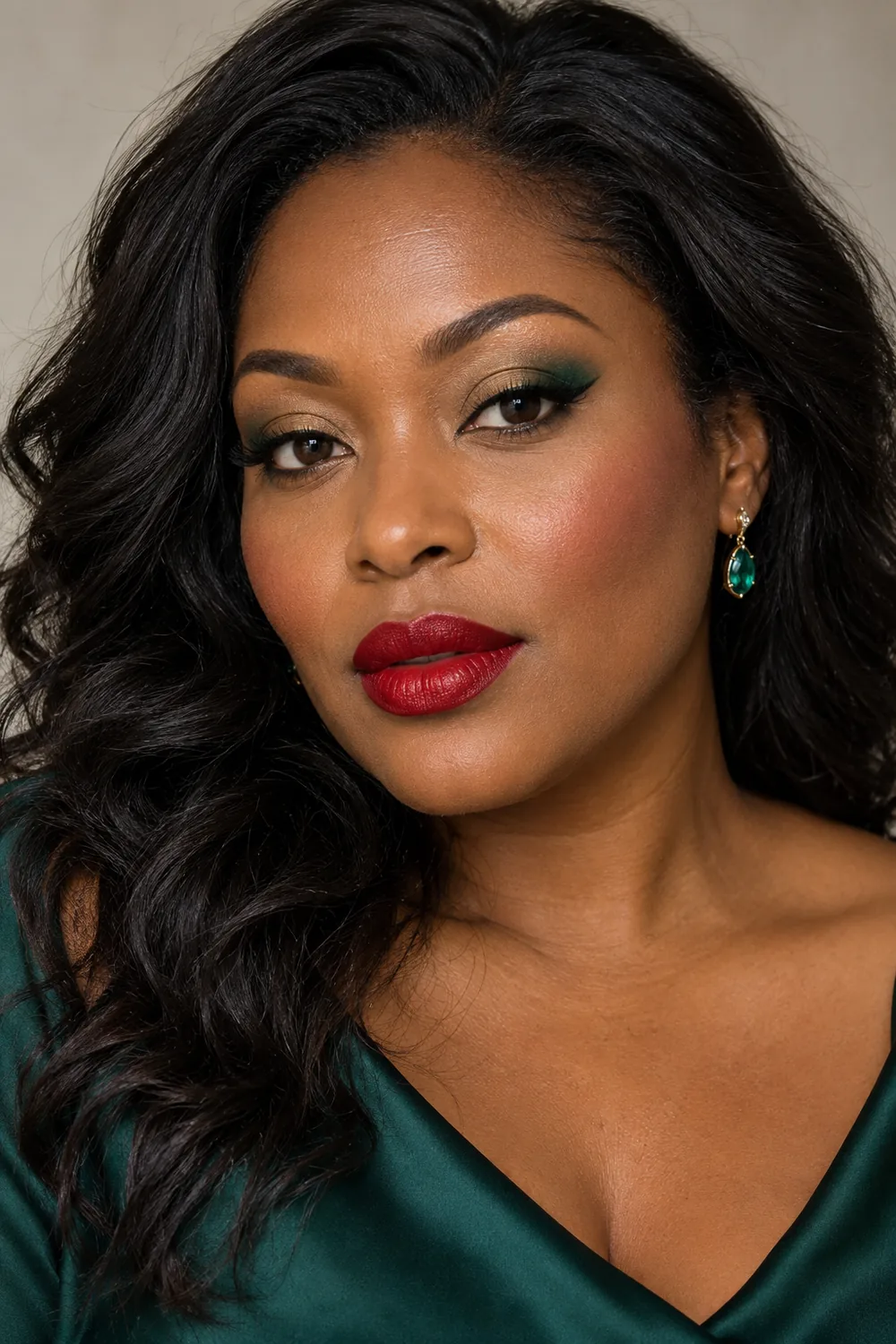Close portrait of an adult woman with ruby-red lipstick, emerald outer-corner eyeshadow, short black liner flicks, and rose blush.