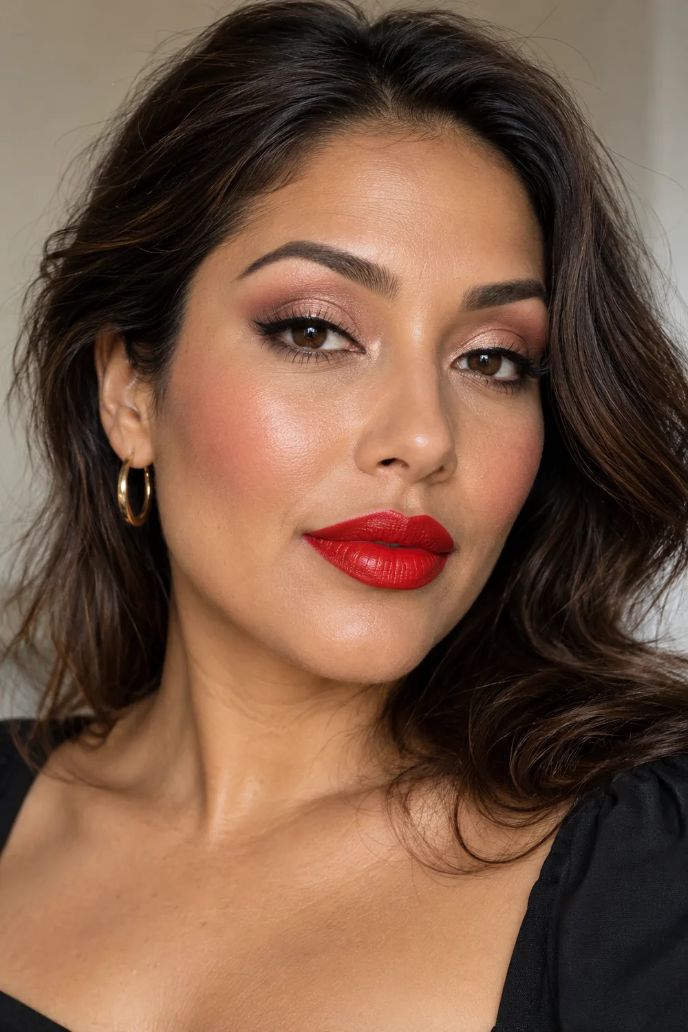 Adult woman with medium tan skin and brown eyes wearing scarlet satin lipstick, rose-gold lid shimmer, beige crease shadow, narrow dark liner, and warm pink blush.