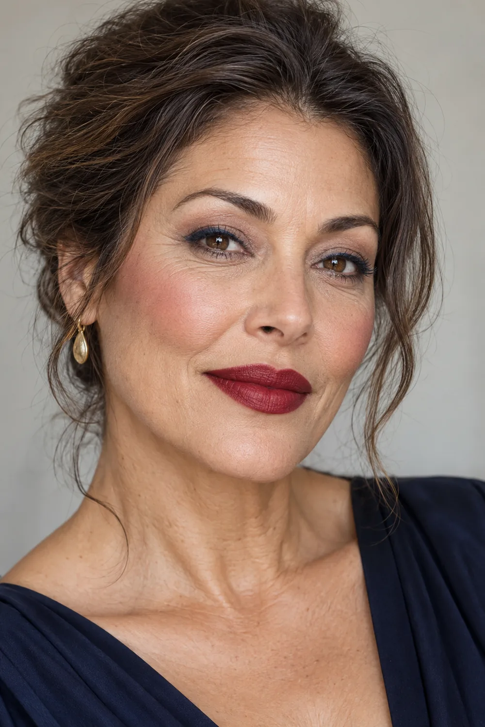 Adult woman with garnet satin-matte lipstick, beige shadow, navy smudged liner, and berry blush swept toward the temples.