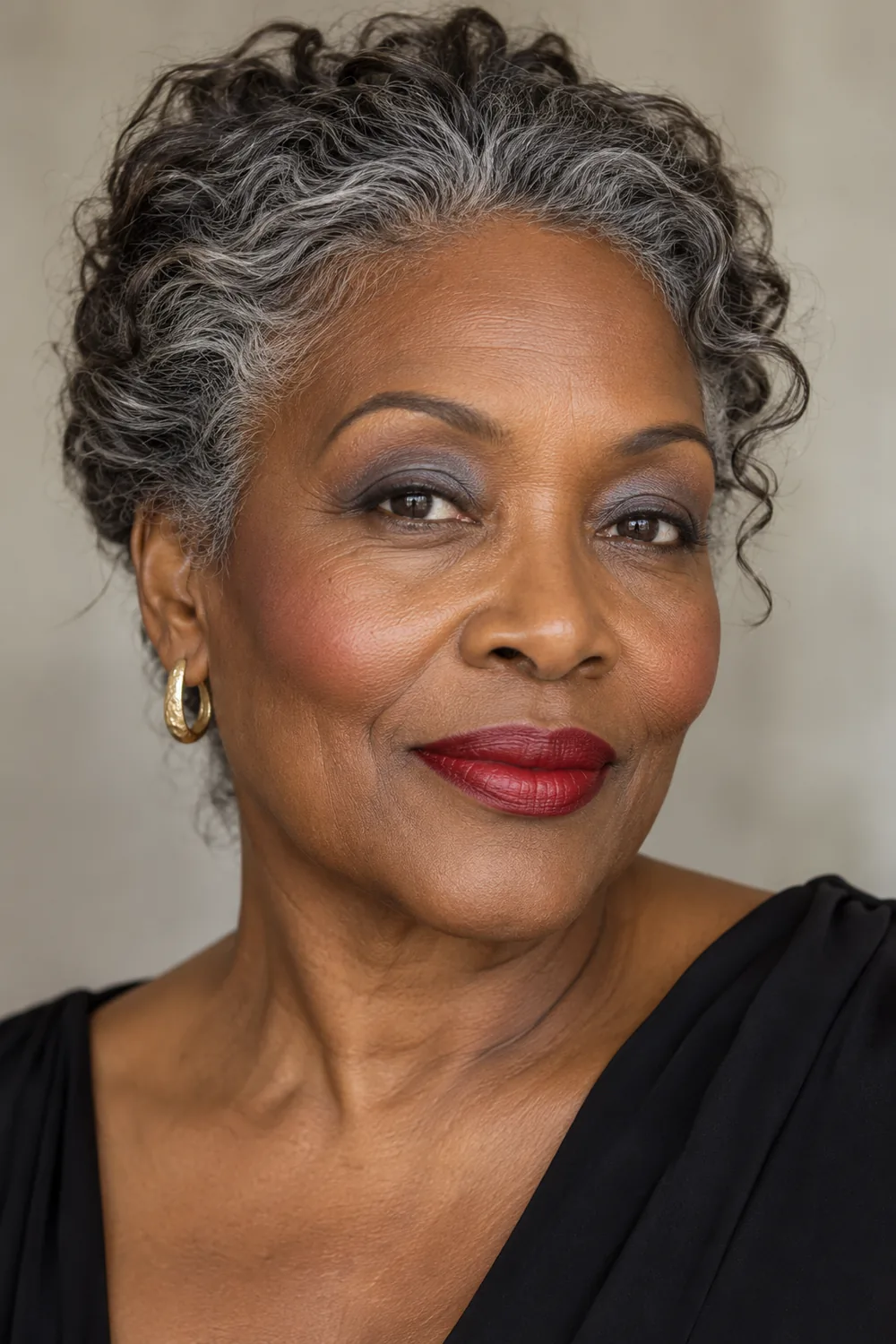Mature woman with deep brown skin, cherry red satin lipstick, slate blue crease shadow, defined eyes, and mauve blush.