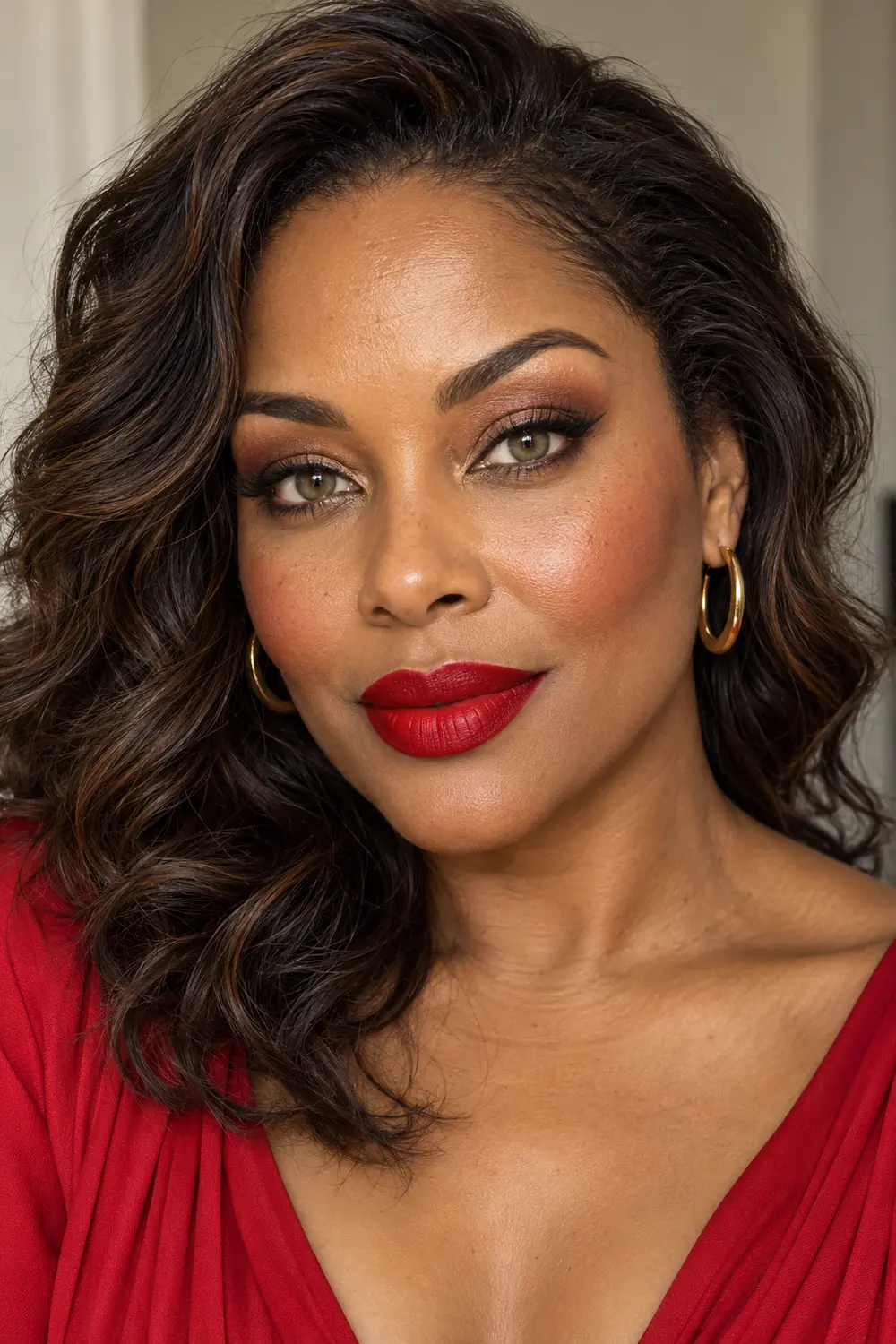 Close portrait of an adult woman with poppy-red lipstick, cocoa outer-crease shadow, gold inner-corner highlights, espresso winged liner, and cinnamon blush.
