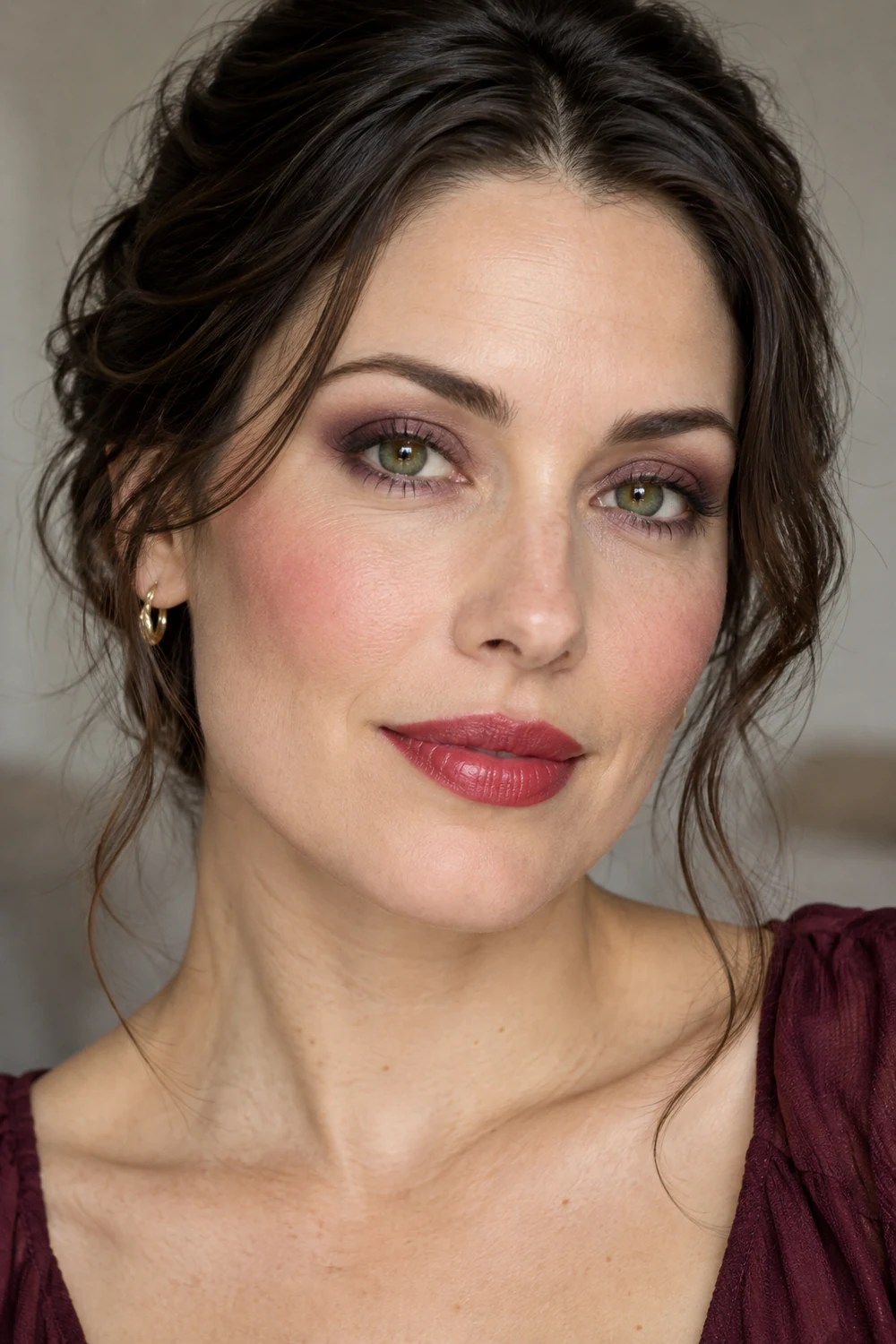 Adult woman with green eyes, sheer rose-red satin lips, muted plum eyeshadow, close charcoal upper lash liner, and high rounded rose blush.