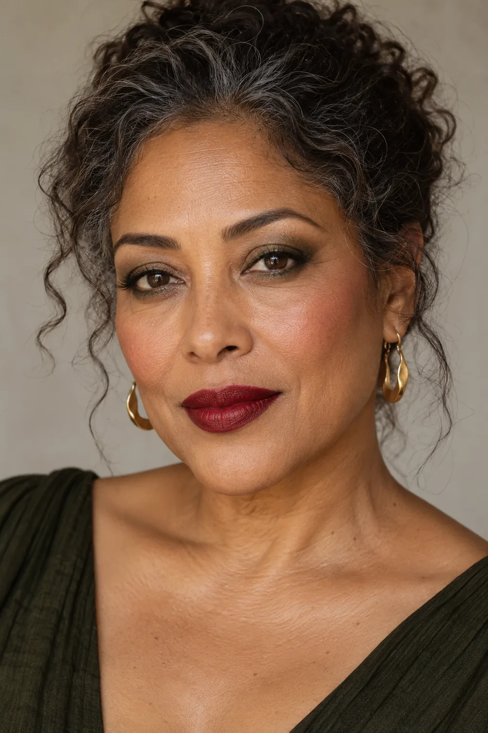 Mature woman with medium brown skin wearing oxblood red lipstick, olive eye shadow, softly winged brown liner, and warm diffused blush.