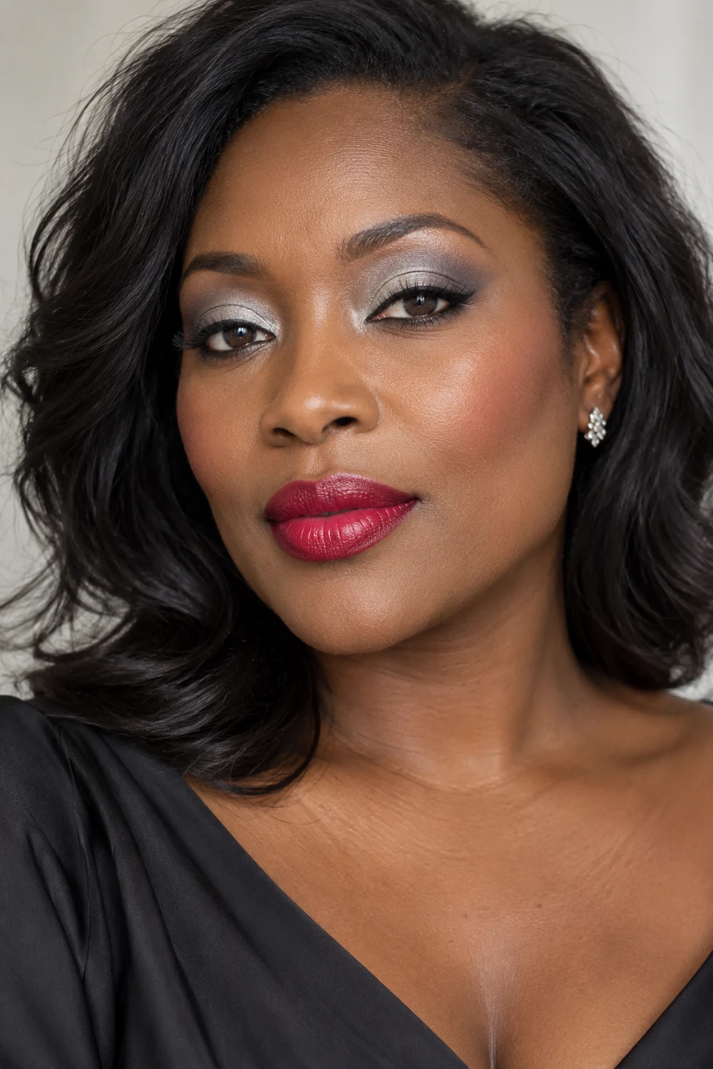 Adult woman with cool raspberry-red satin lips, icy silver inner-lid shadow, pale gray outer shadow, fine black tapered liner, and subtle beige blush.