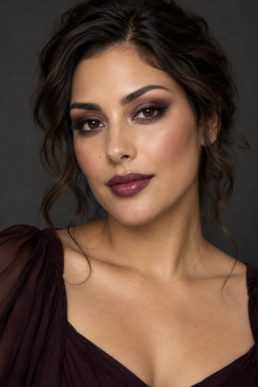 Fictional adult woman with olive skin, diffused plum eyeshadow, a short lifted wing, high rose blush, and berry satin lipstick against a charcoal background.