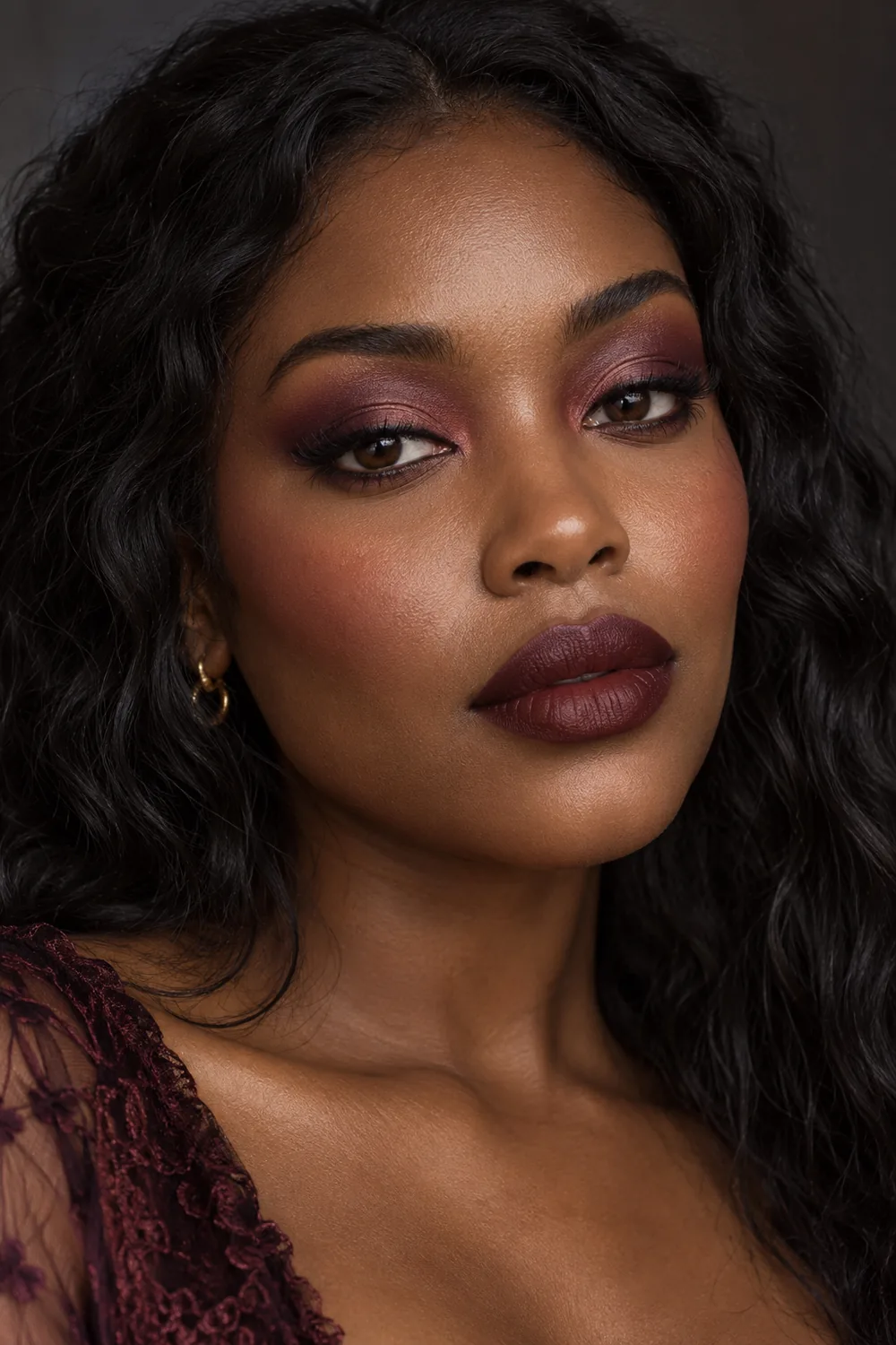 Photorealistic portrait of an adult Black woman with burgundy halo eyeshadow, rounded charcoal liner, mauve blush, and blurred wine lips.