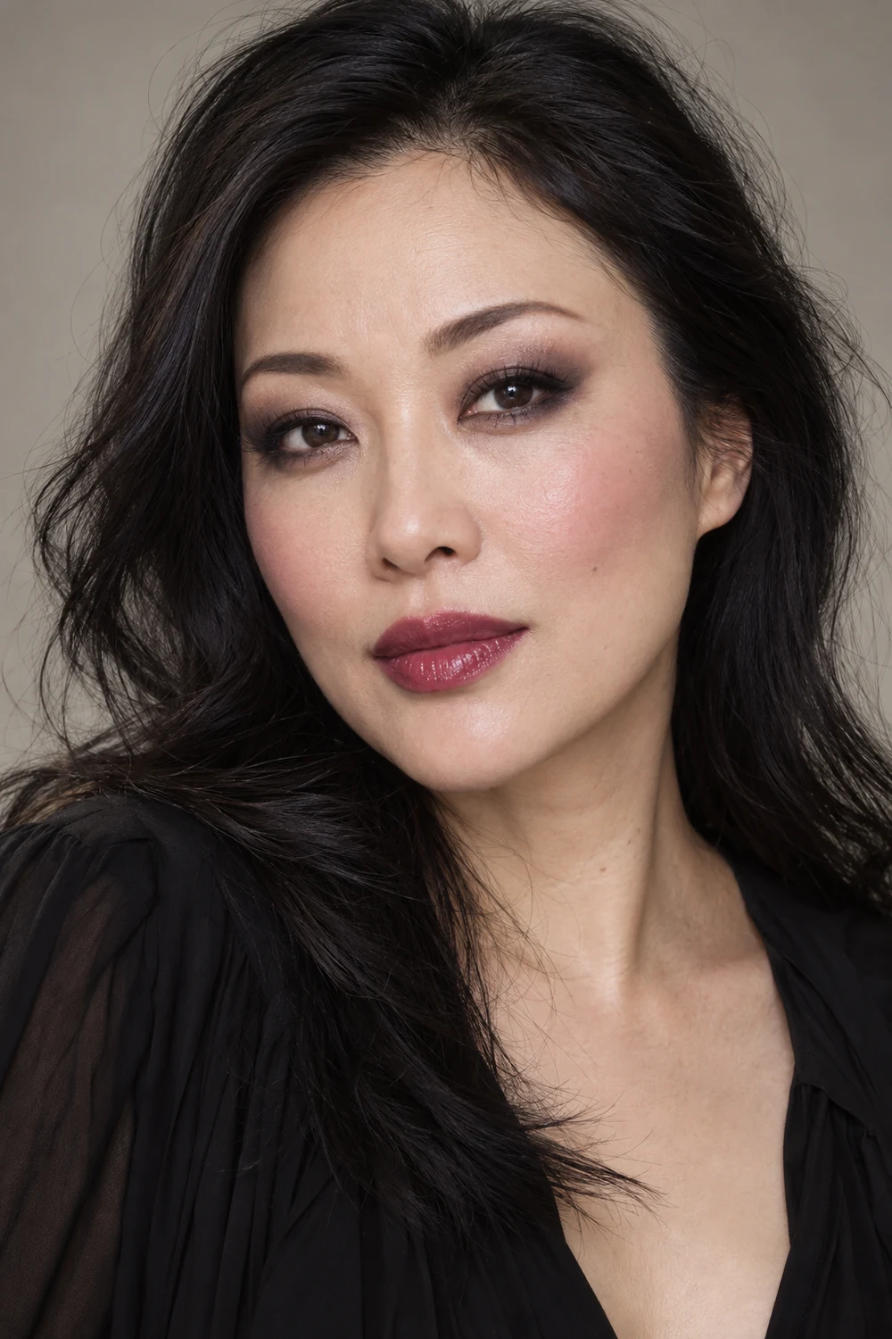 A fictional adult East Asian woman with charcoal outer-corner smoky eyes, softly smudged liner, cool pink blush, and glossy berry lips, wearing a black blouse.