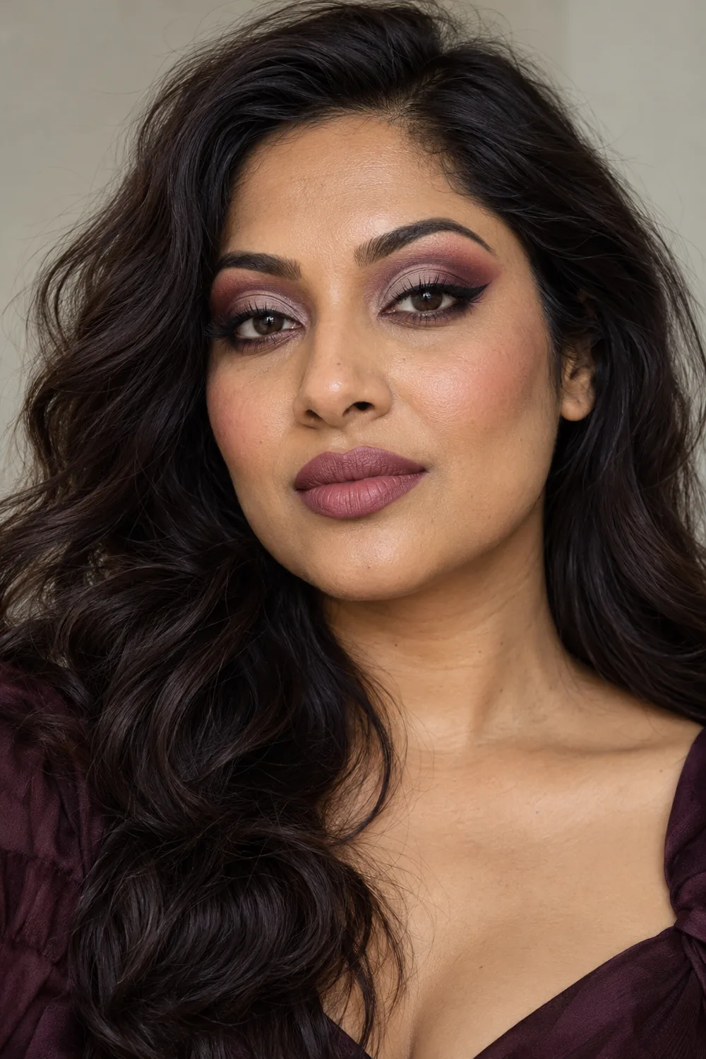 Portrait of an adult South Asian woman with a rose-plum cut crease, tapered black liner, dusty mauve blush, and matte mauve lips.