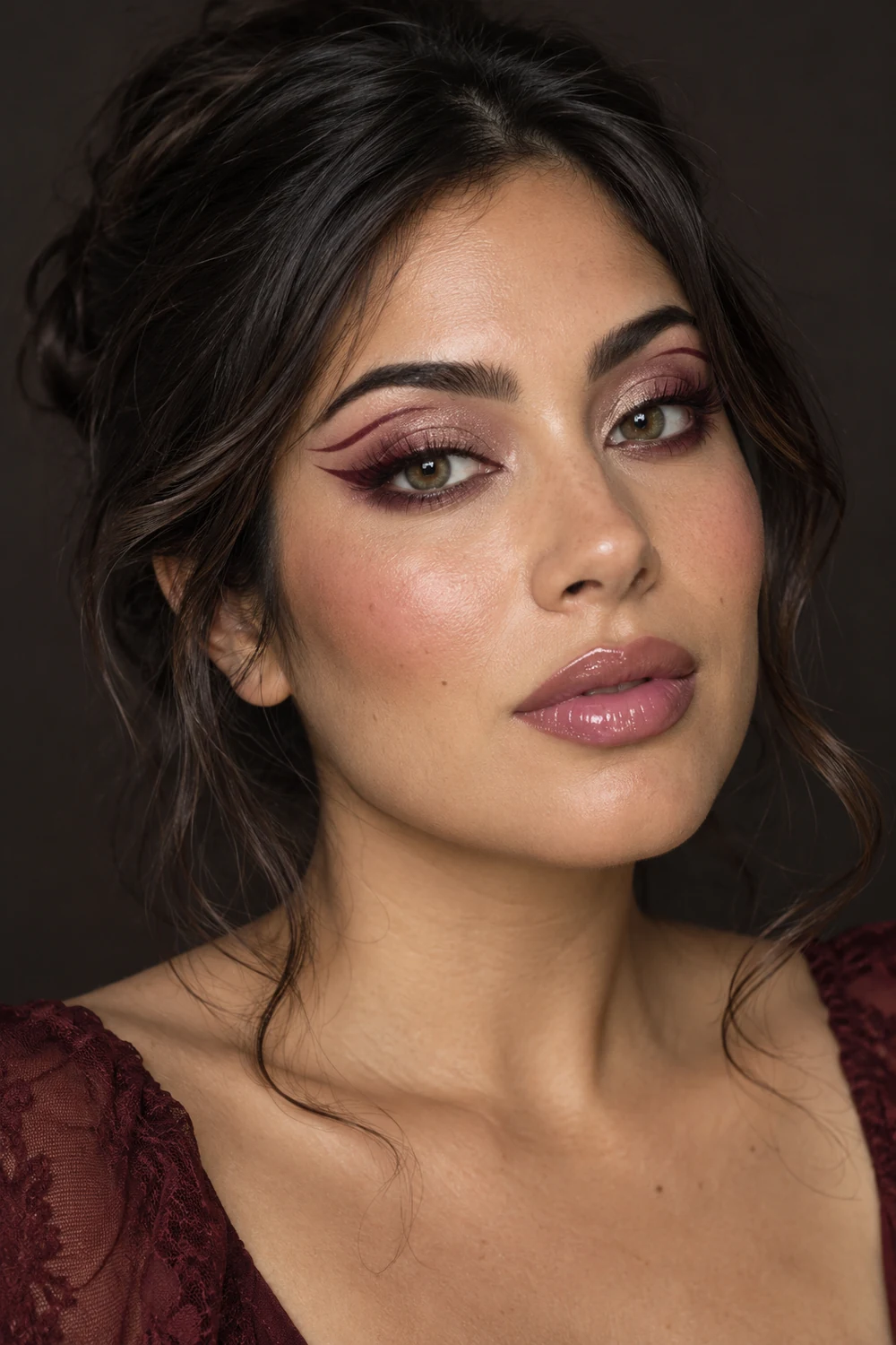 Fictional adult woman with hazel eyes, champagne-rose lids, burgundy double-wing liner and floating crease accent, sheer rose blush, and pale rose gloss against a dark background.