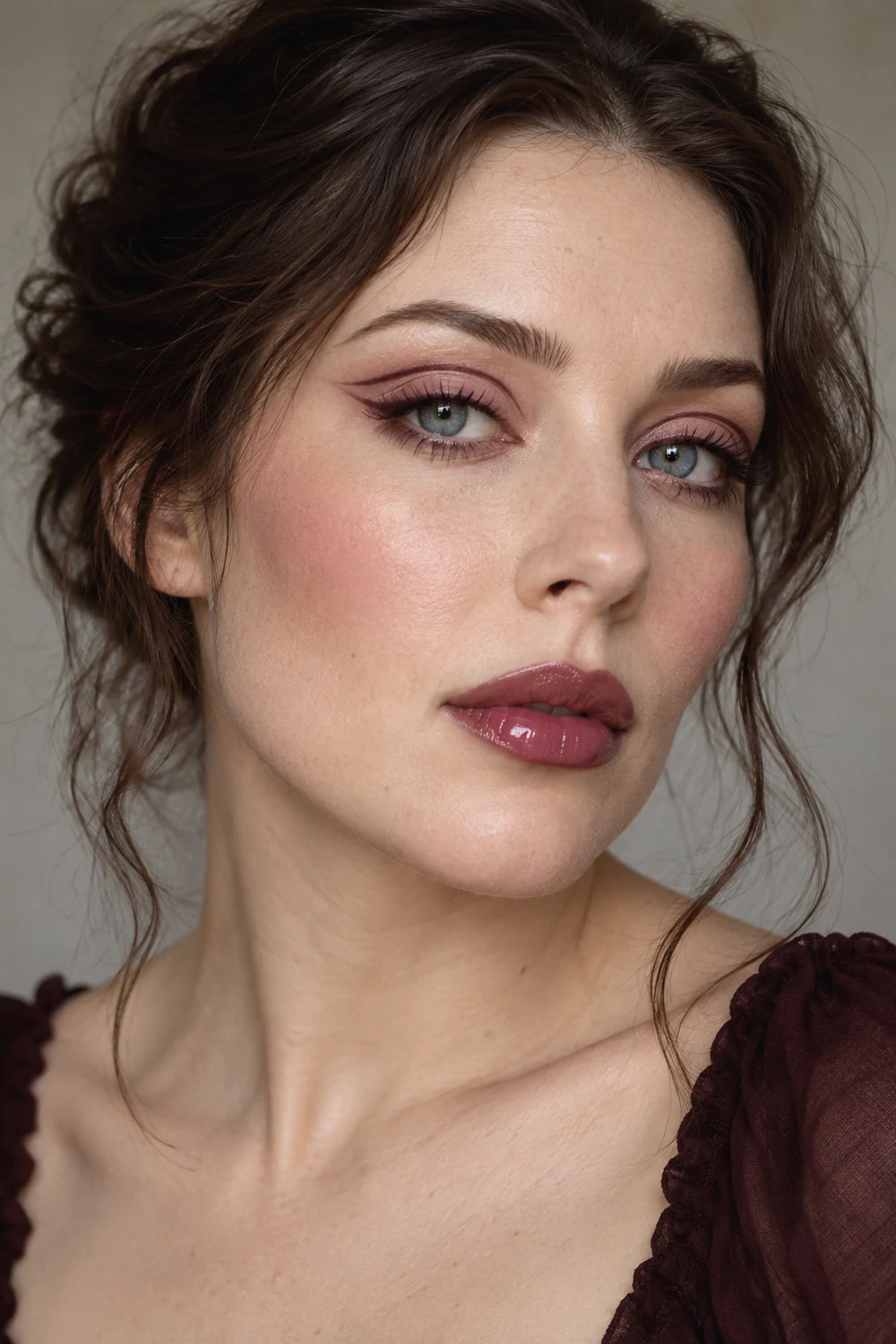 Photorealistic close portrait of an adult woman with blue eyes, pale pink shadow, burgundy stacked liner, rosewood blush, and glossy plum lips.