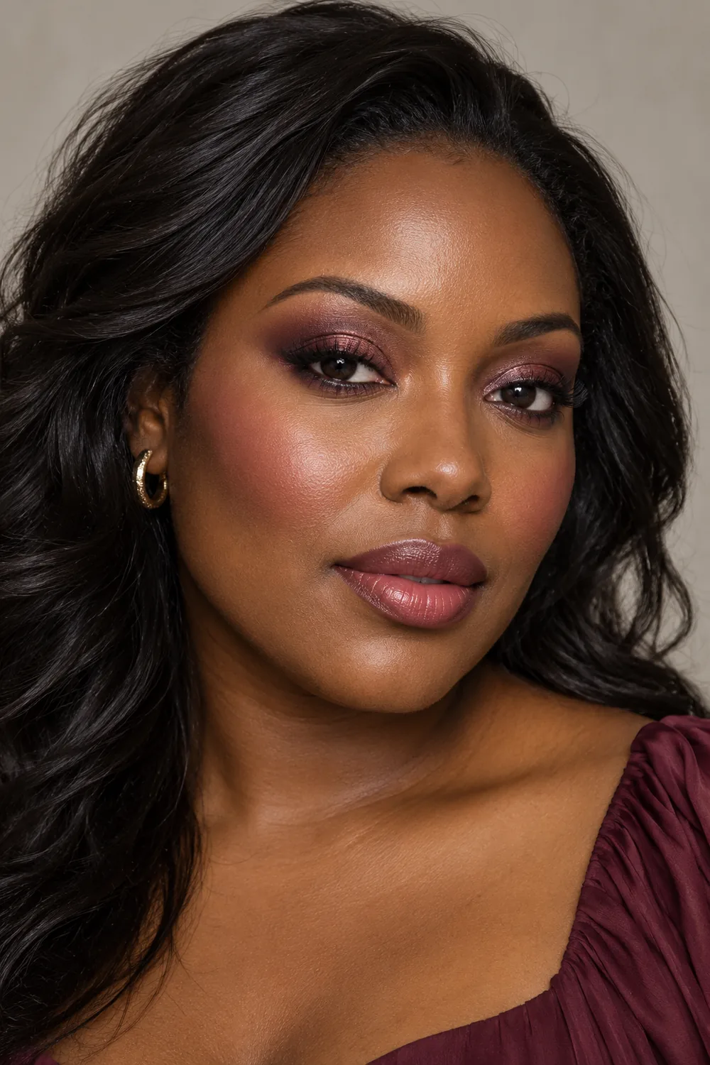Head-and-shoulders portrait of a Black woman with berry shimmer eye makeup, aubergine outer corners, soft brown liner, plum blush, and muted rose satin lips.