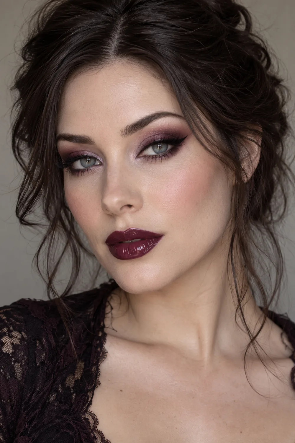 Close portrait of an adult woman with grey eyes, lilac-plum and smoky berry shadow, extended black cat-eye liner, rose blush and glossy blackberry lips.