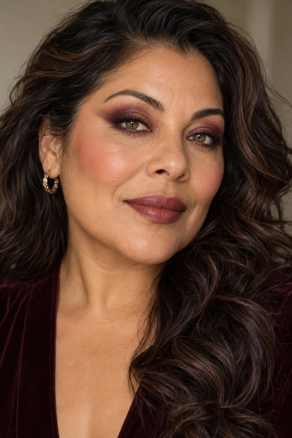Adult woman with warm brown skin and hazel eyes wearing broad diffused burgundy shadow wings, soft deep brown lash liner, coral-rose blush, and muted berry satin lipstick.