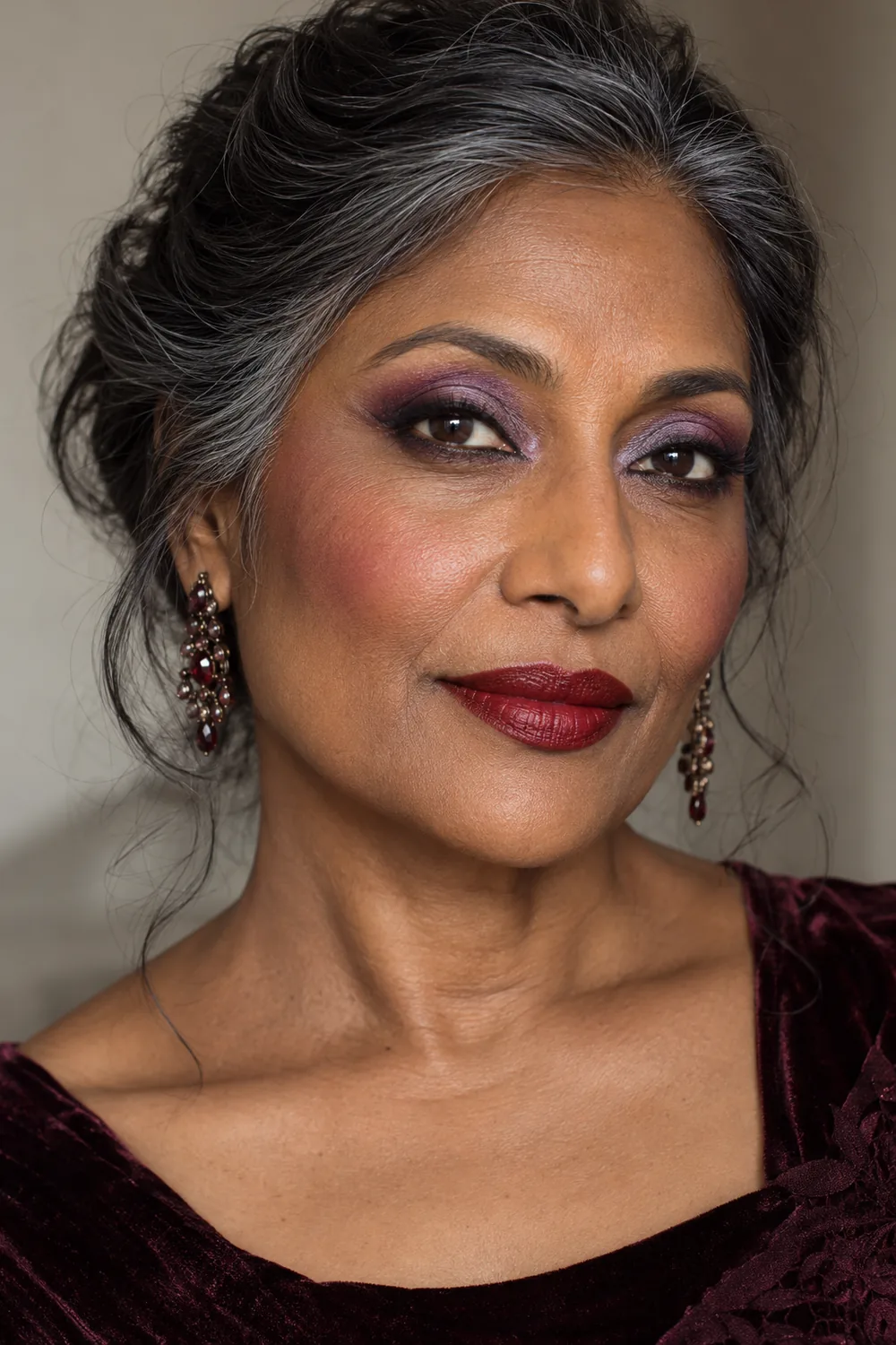 Mature South Asian woman with lavender-to-aubergine eye shadow, black lash-line liner, berry blush, and deep red satin lipstick.