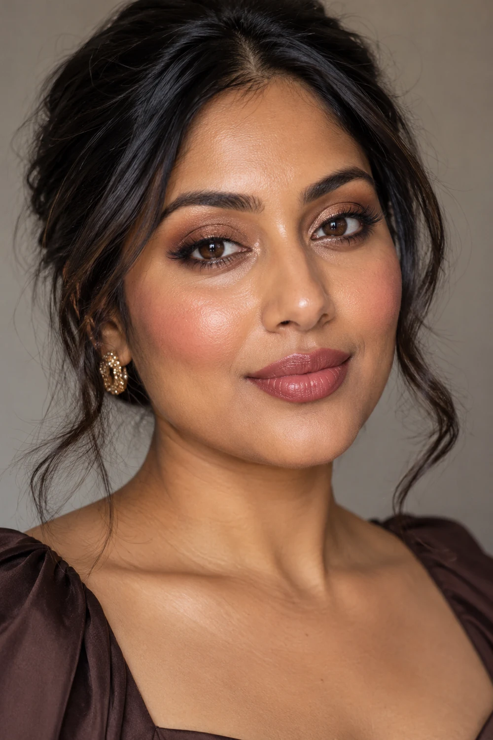 Beauty-editorial portrait of a South Asian woman with bronze shimmer eyeshadow, fine brown liner, rose blush, and a satin rose lip.