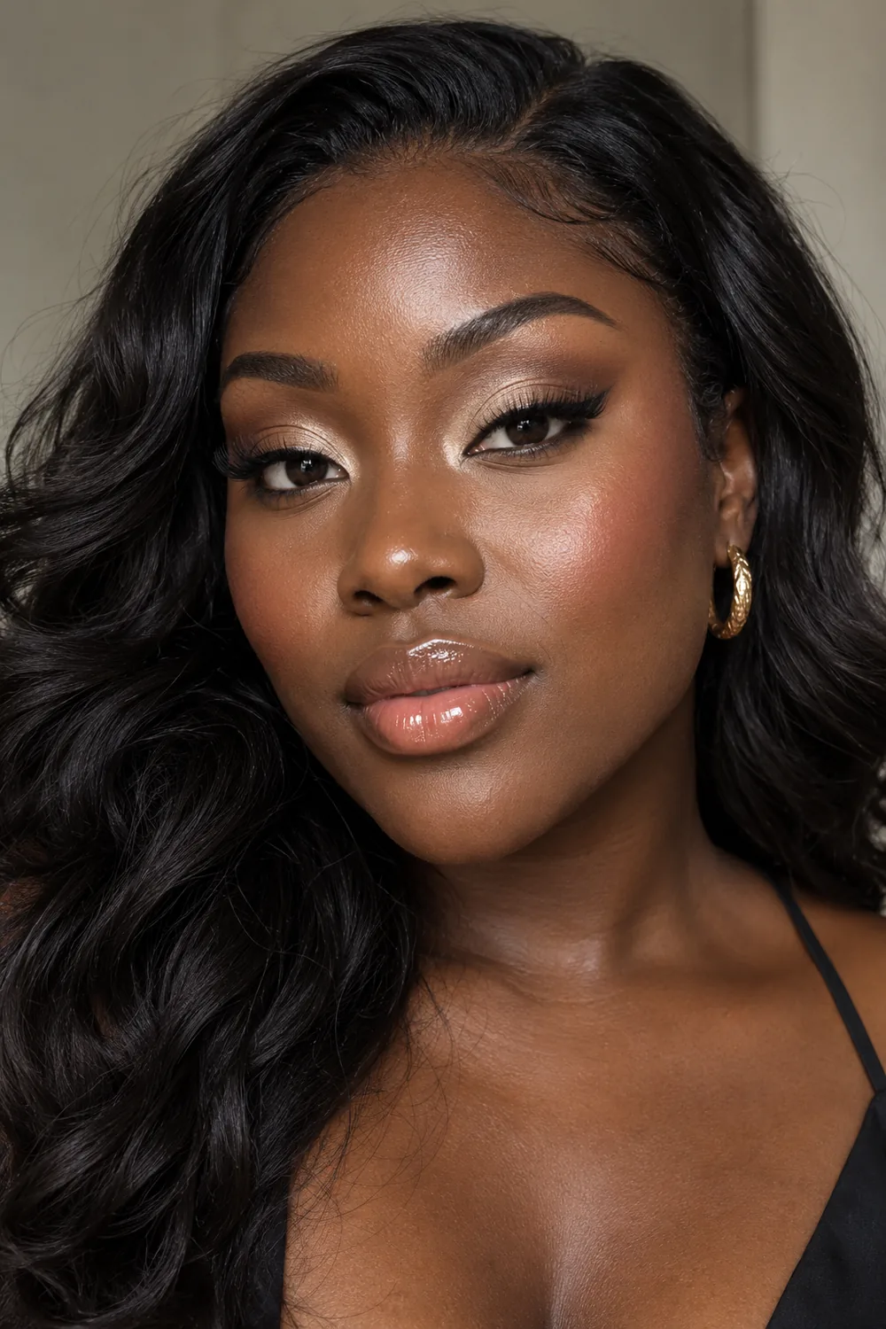 Close head-and-shoulders portrait of a fictional adult Black woman wearing champagne inner-corner shimmer, taupe eyeshadow, lifted black liner, peach blush, and peach gloss.