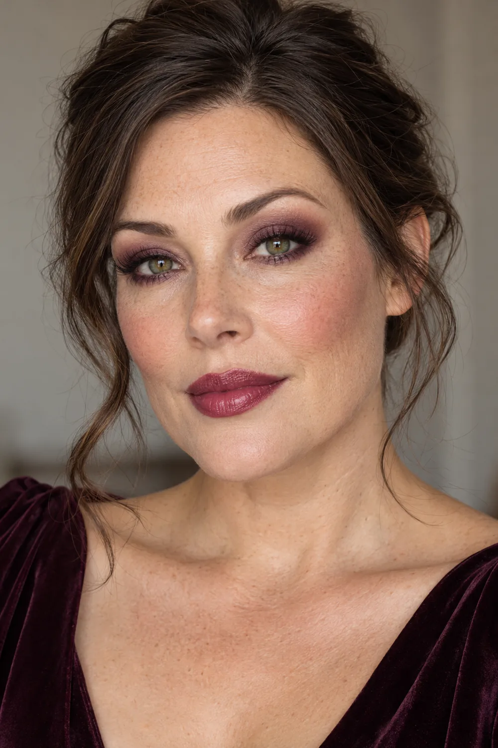 Fictional adult woman with freckles, rounded plum smoky eyes, close charcoal liner, berry blush, and muted berry lipstick.